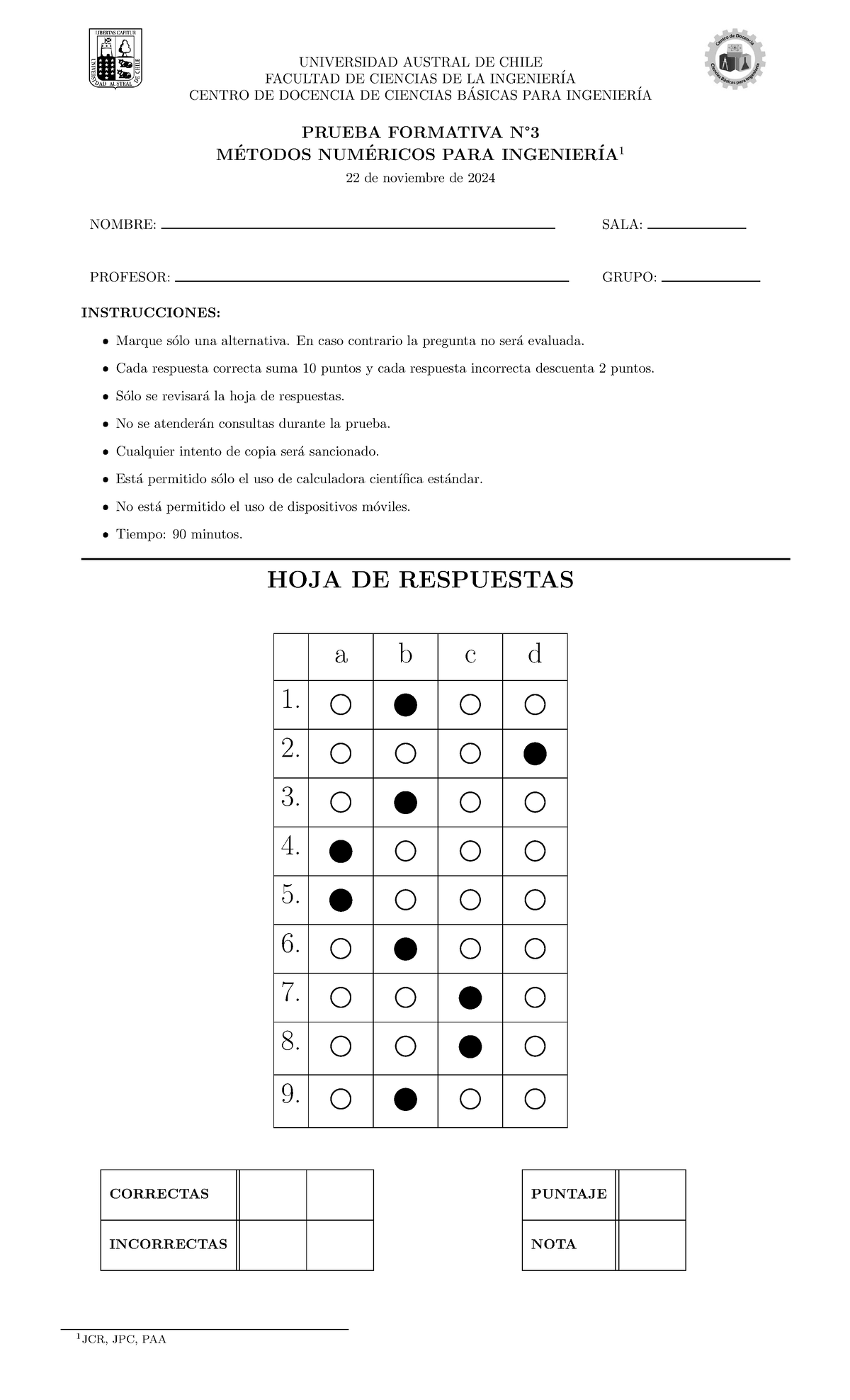Prueba Formativa 3 - UNIVERSIDAD AUSTRAL DE CHILE FACULTAD DE CIENCIAS ...