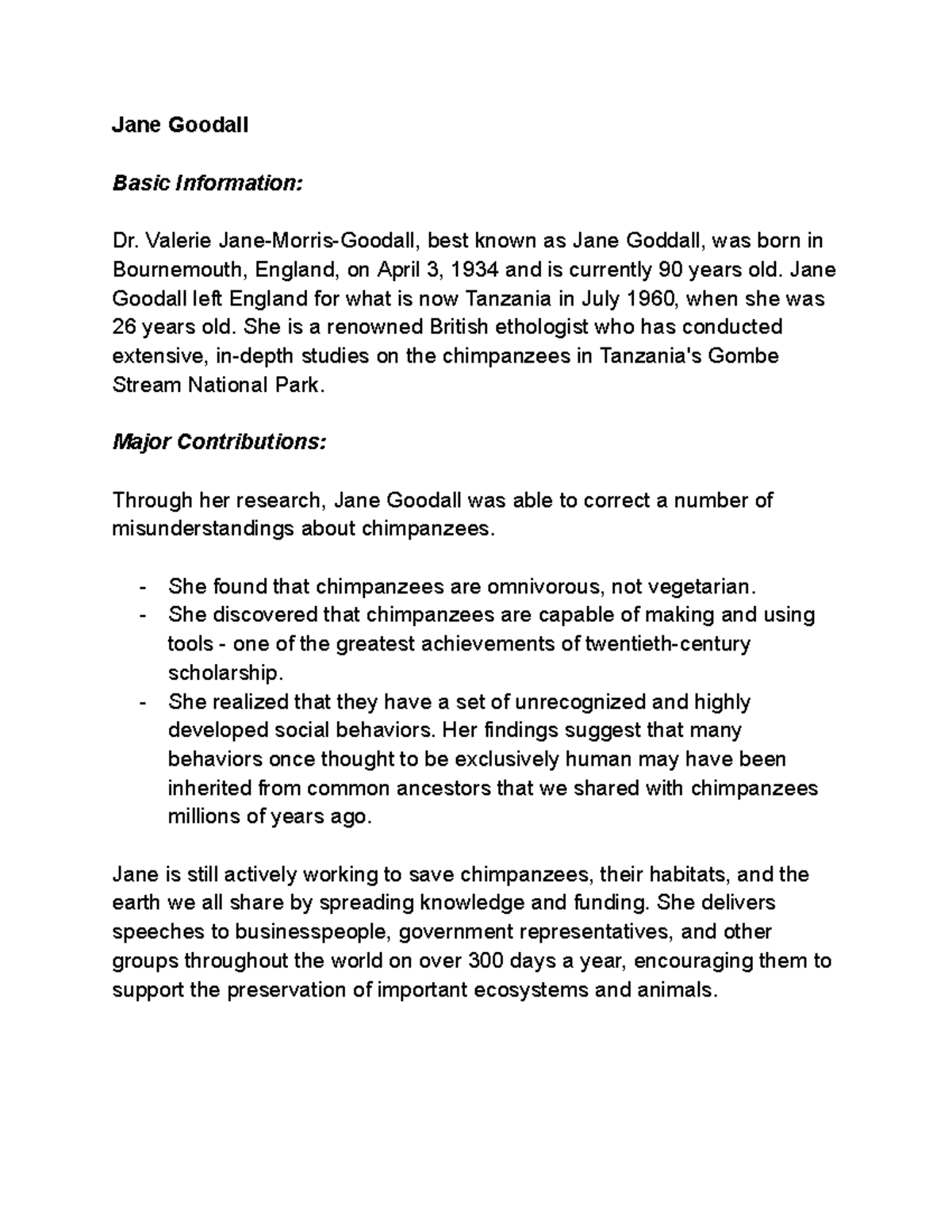 Jane Goodall information simplified - Jane Goodall Basic Information ...