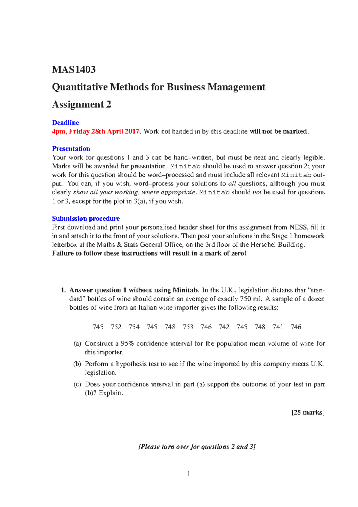 MAS1403 2016-2017 Assignment 2 - MAS Quantitative Methods for Business ...