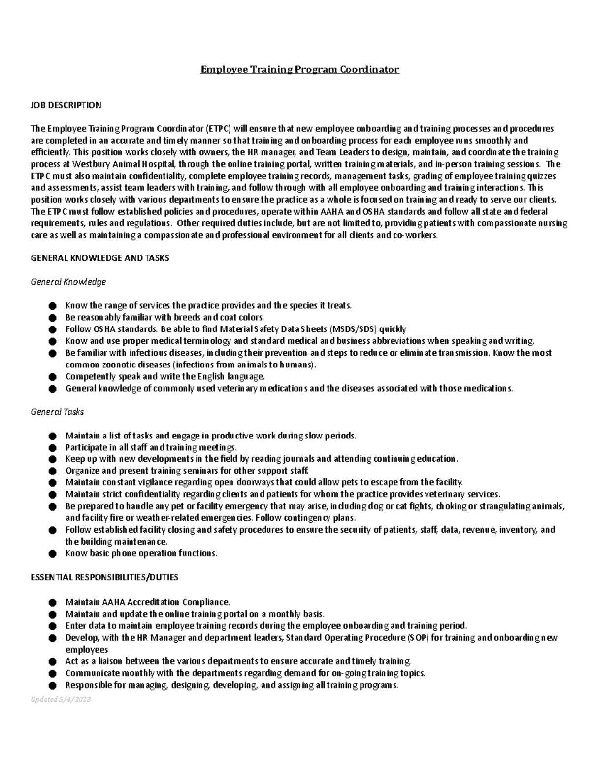 Conduction & Radiation Employee Training Program Coordinator JOB