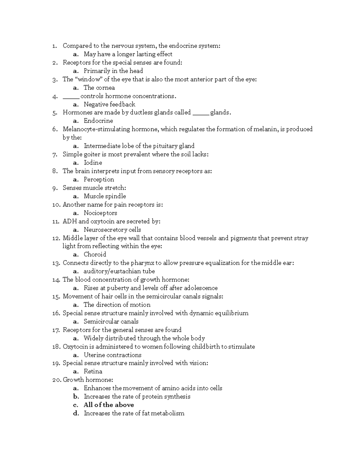 Human A & P I UNIT 4 Study Guide - Compared to the nervous system, the ...