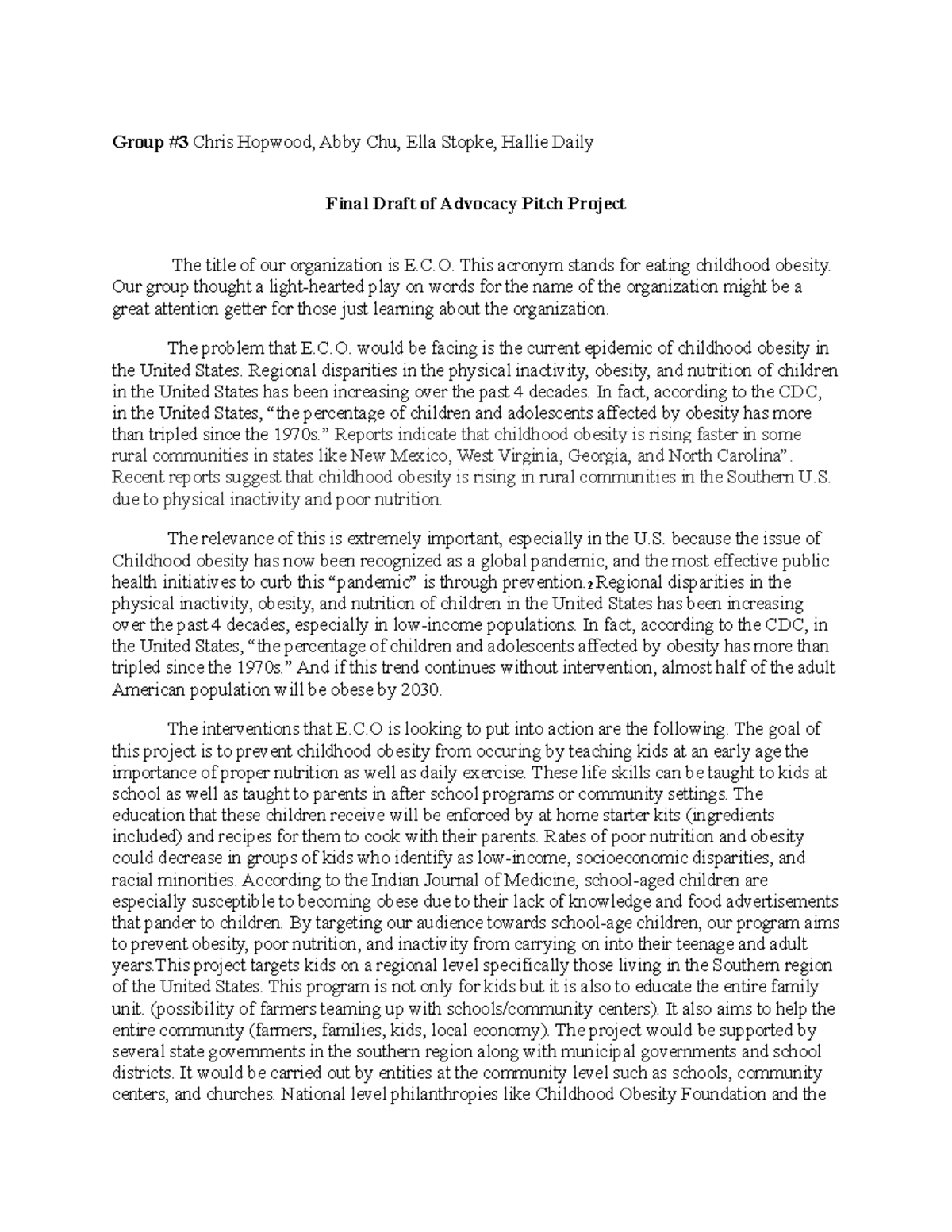 PUBH Advocacy Pitch Project (Group 3 Final Draft) Group 3 Chris