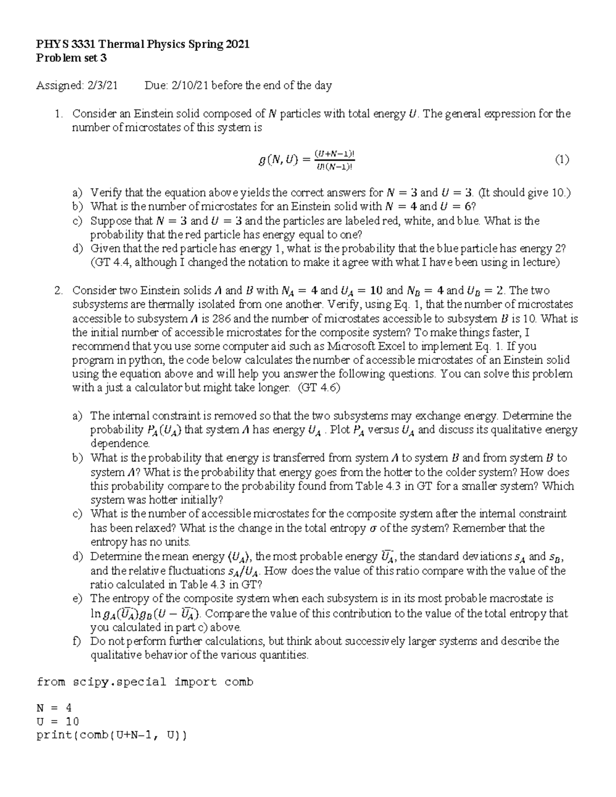 Problem SET 3 questions - PHYS 3331 Thermal Physics Spring 2021 Problem ...
