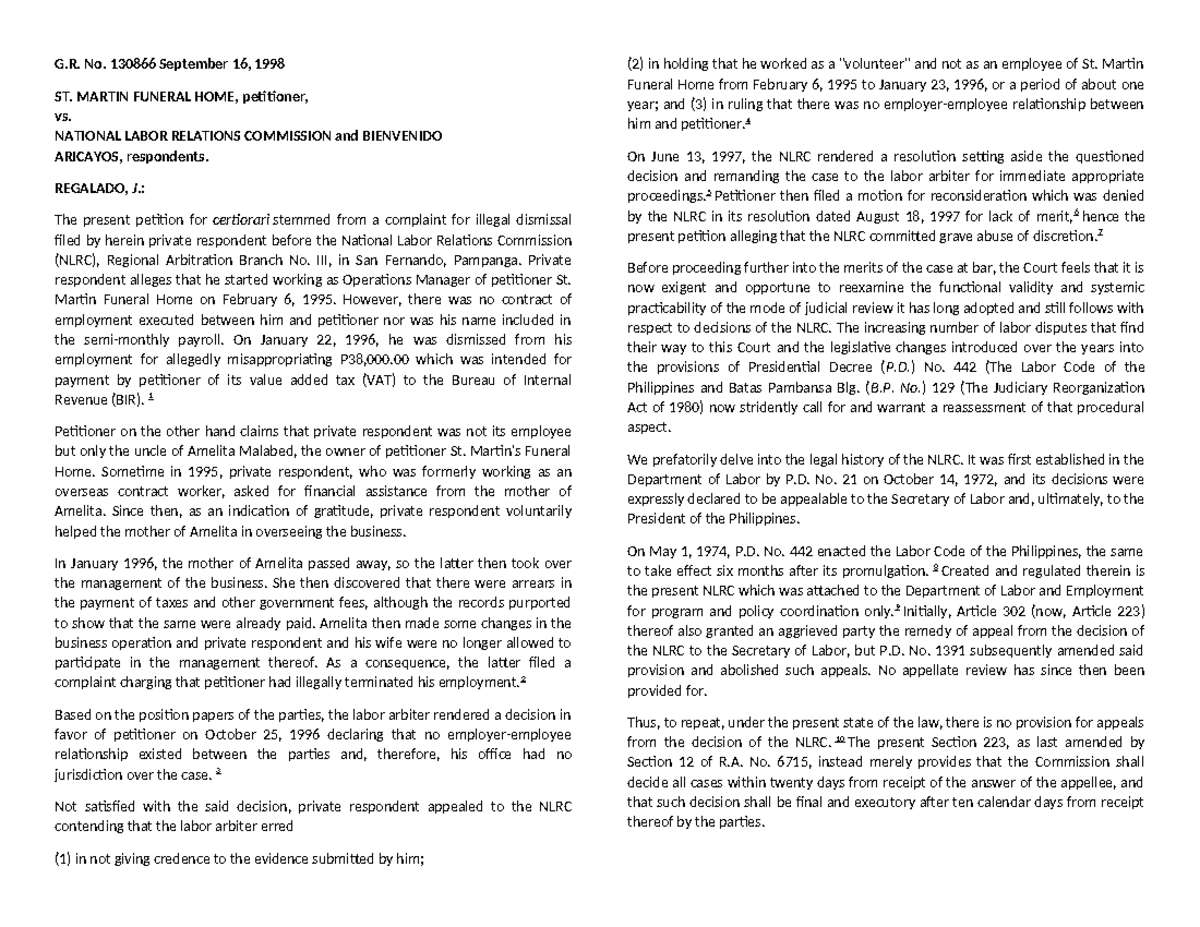 St. Martin Funeral Home v. NLRC G. No. 130866 September 16, 1998 ST