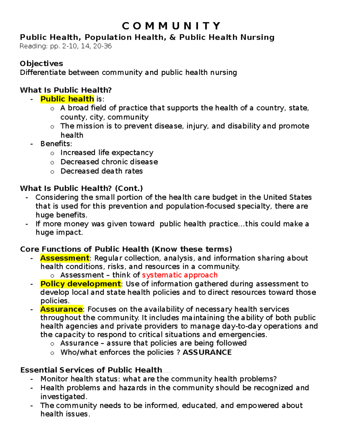 Public health, population health, & public health nursing - C O M M U N ...