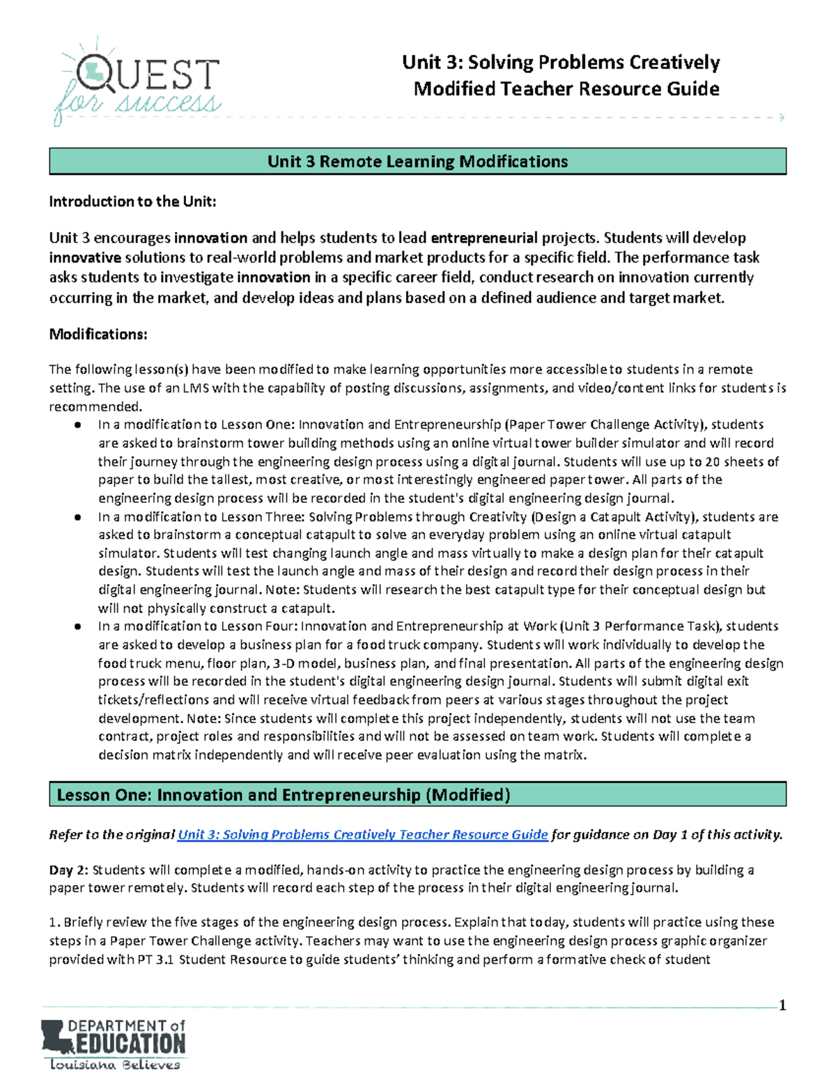 Unit 3 modified teacher guide Modified Teacher Resource Guide Unit 3 Remote Learning