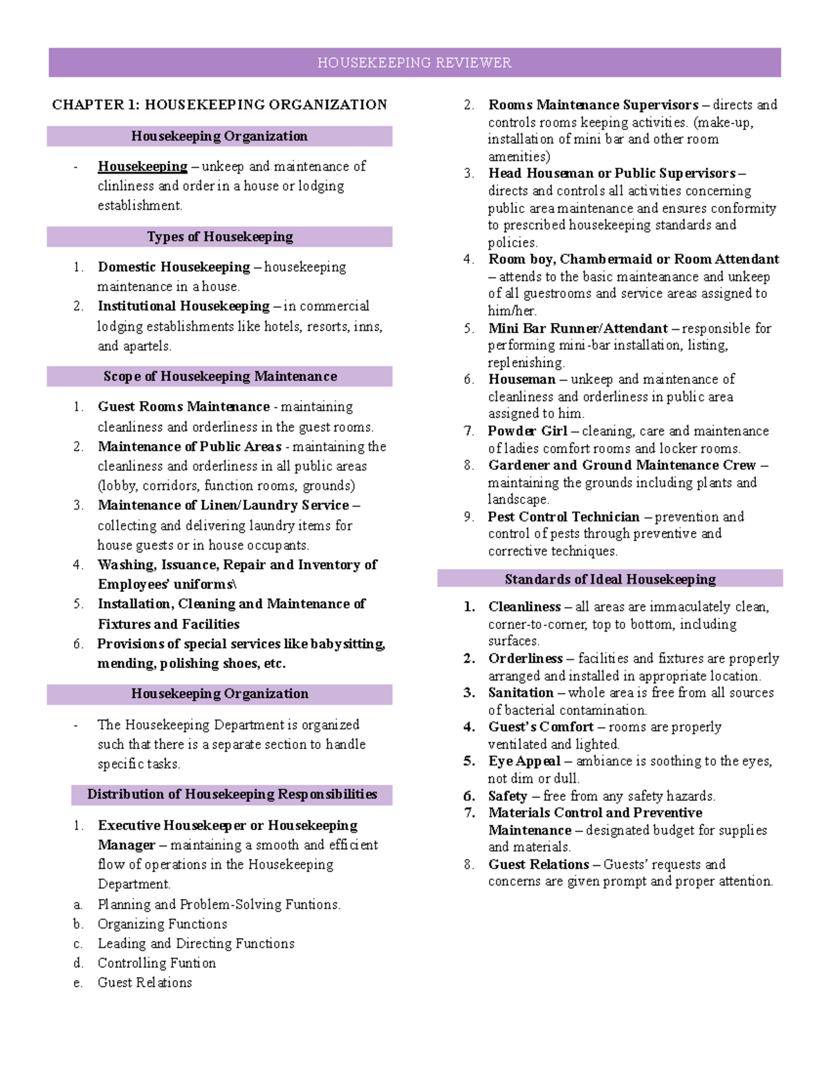 Housekeeping Reviewer CHAPTER 1 HOUSEKEEPING ORGANIZATION