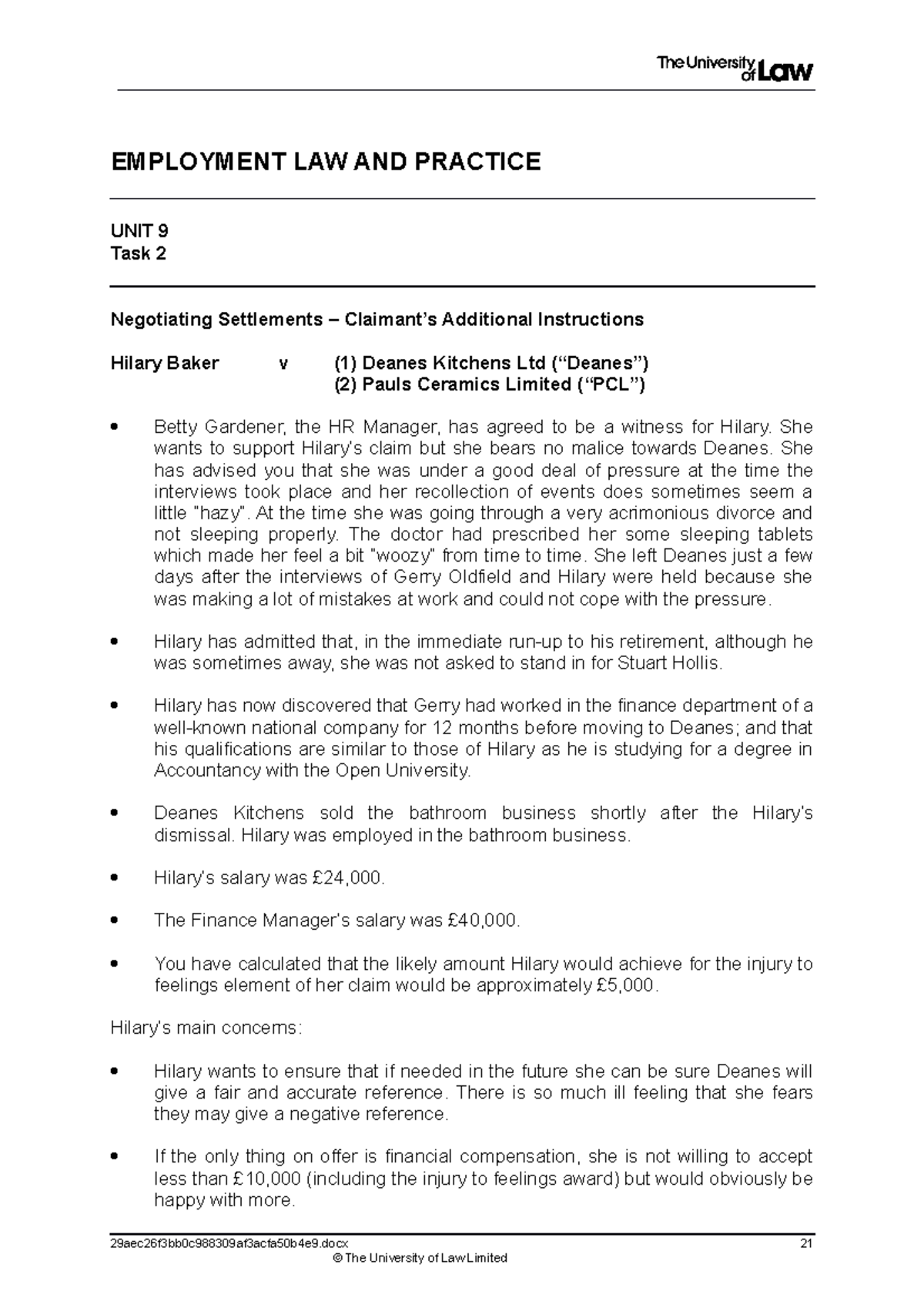 Task 2a - Task - EMPLOYMENT LAW AND PRACTICE UNIT 9 Task 2 Negotiating ...