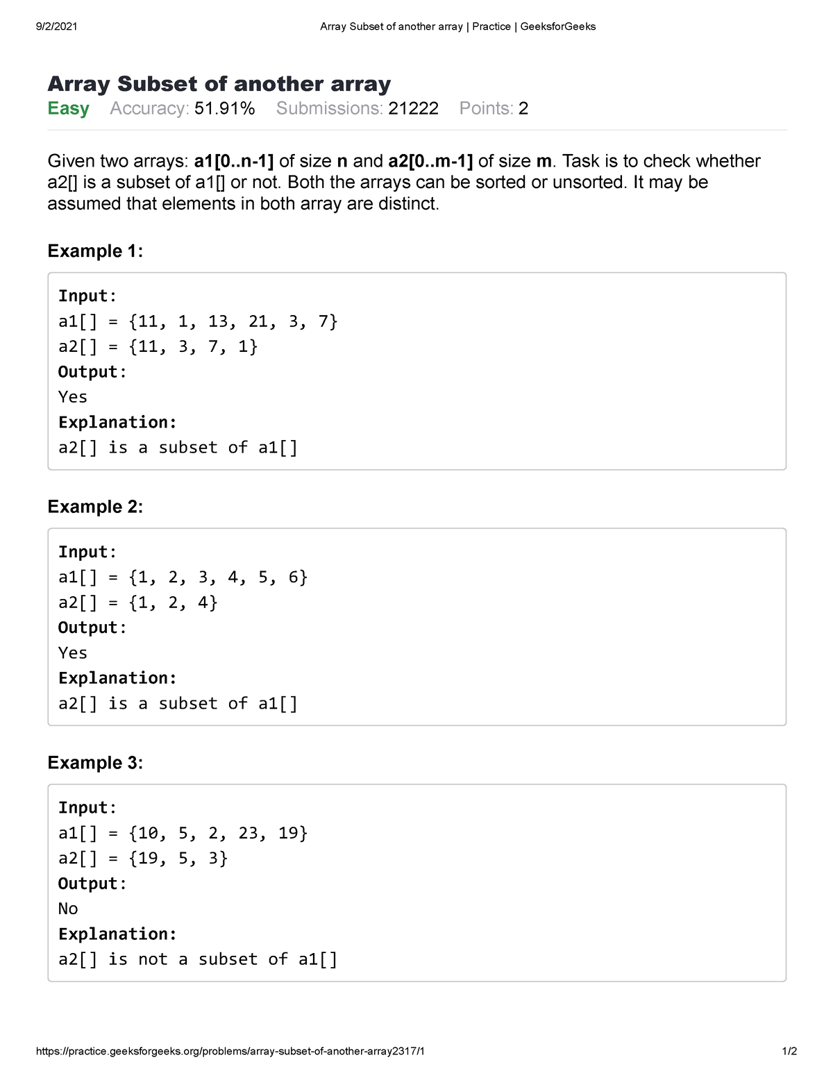 Array Subset Of Another Array - Geeksforgeeks/problems/array-subset-of ...