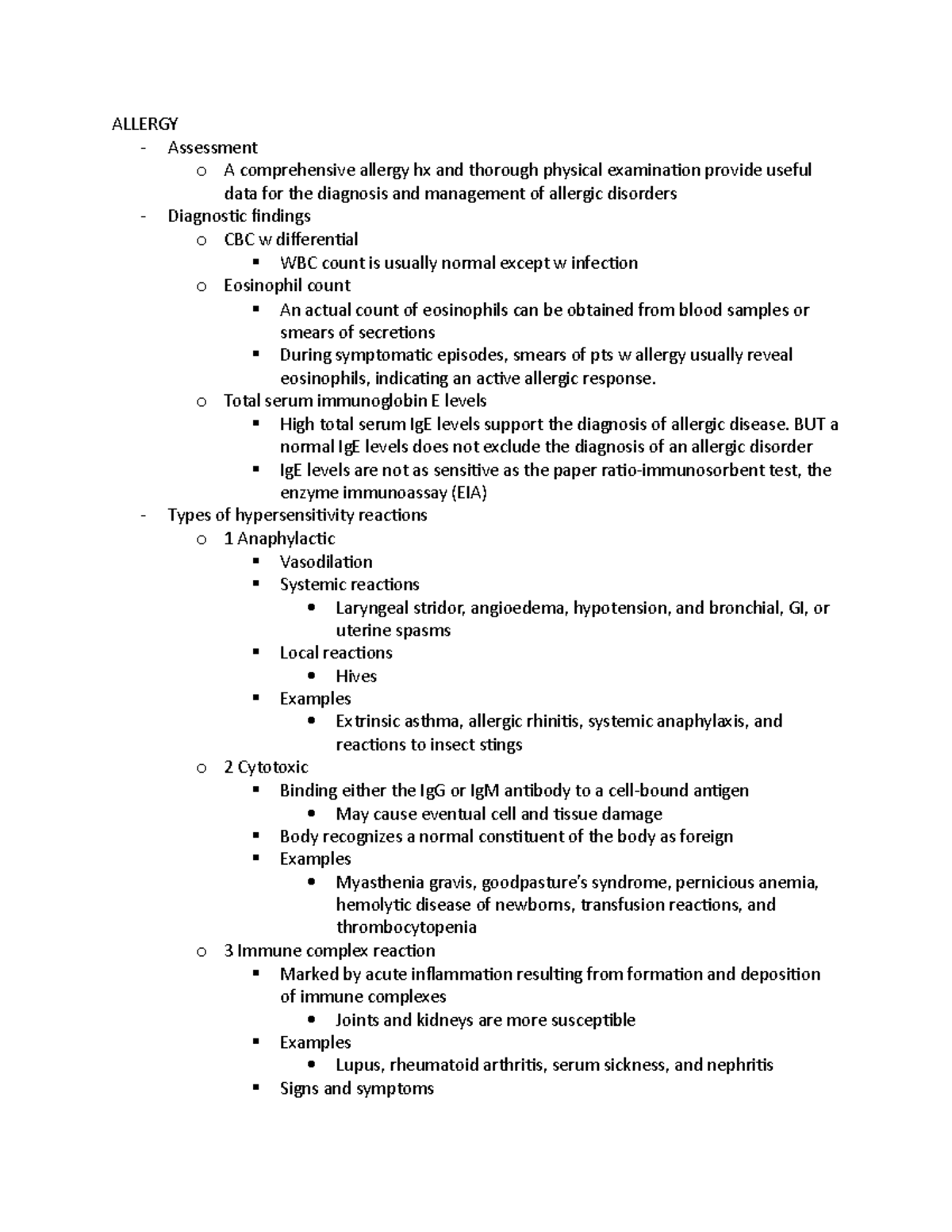 Test 2 adult 1 - Lecture notes 5-8 - ALLERGY Assessment o A ...