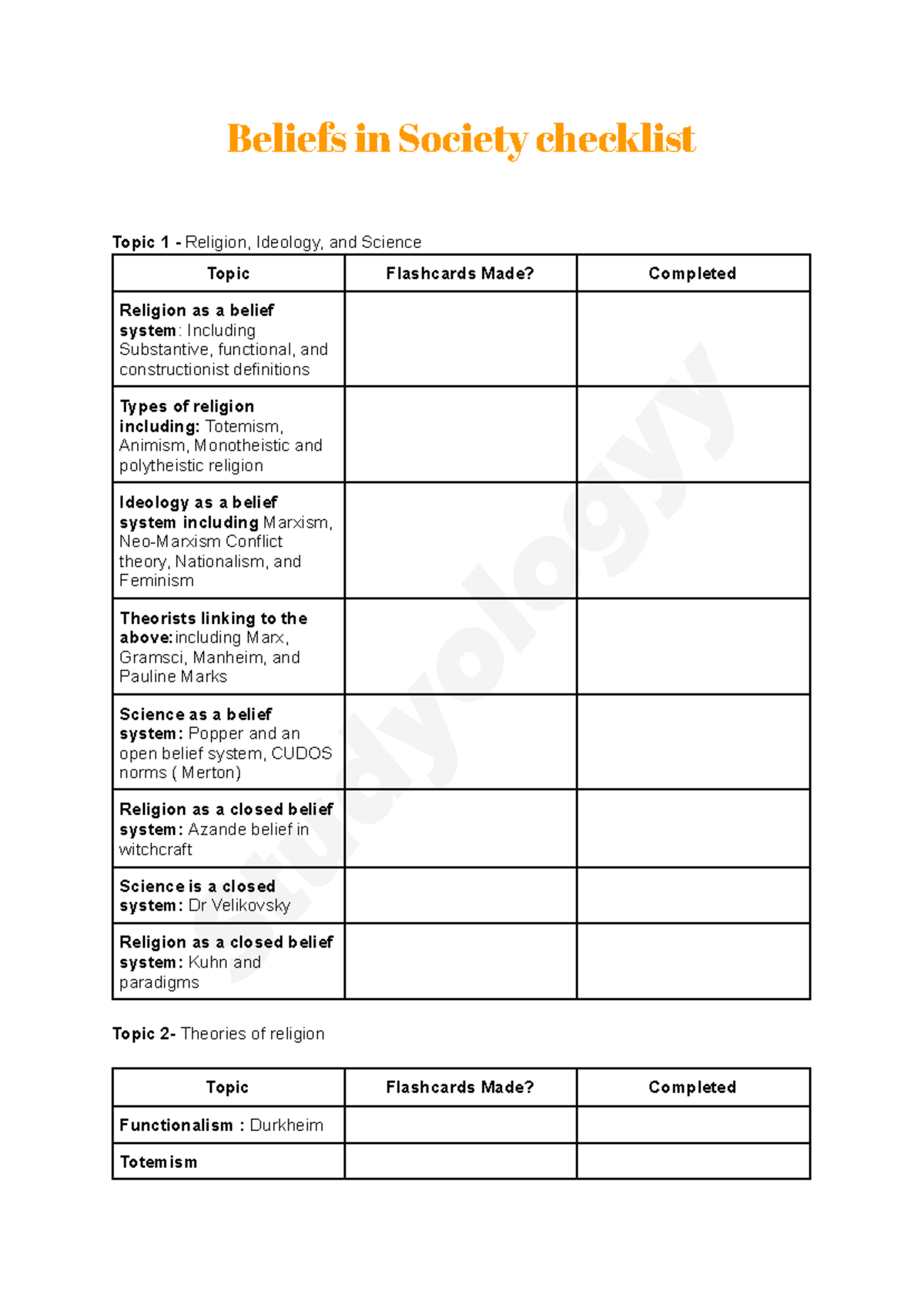 Beliefs in society checklist - Beliefs in Society checklist Topic 1 ...