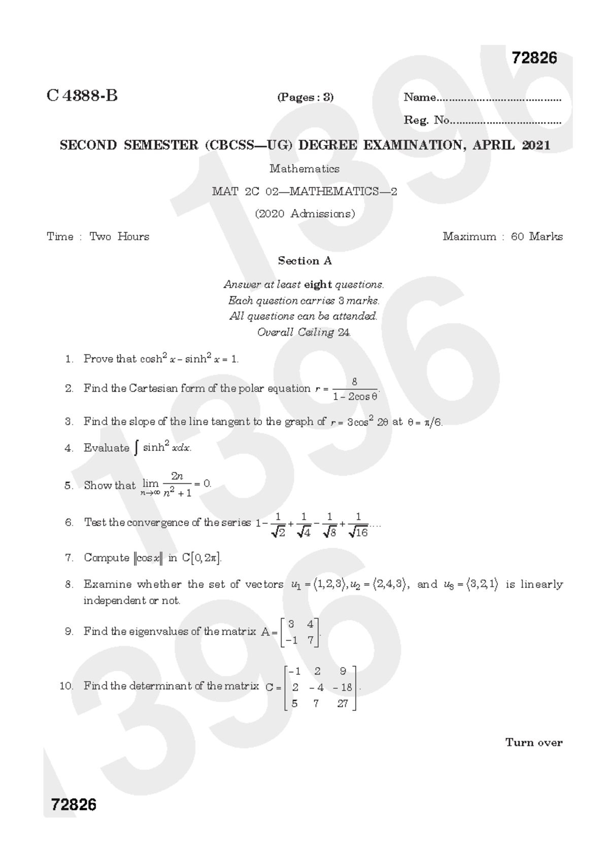 2021 MAT 2C 02 4388B Mathematics-2 - ####### Turn over C 4388-B (Pages ...