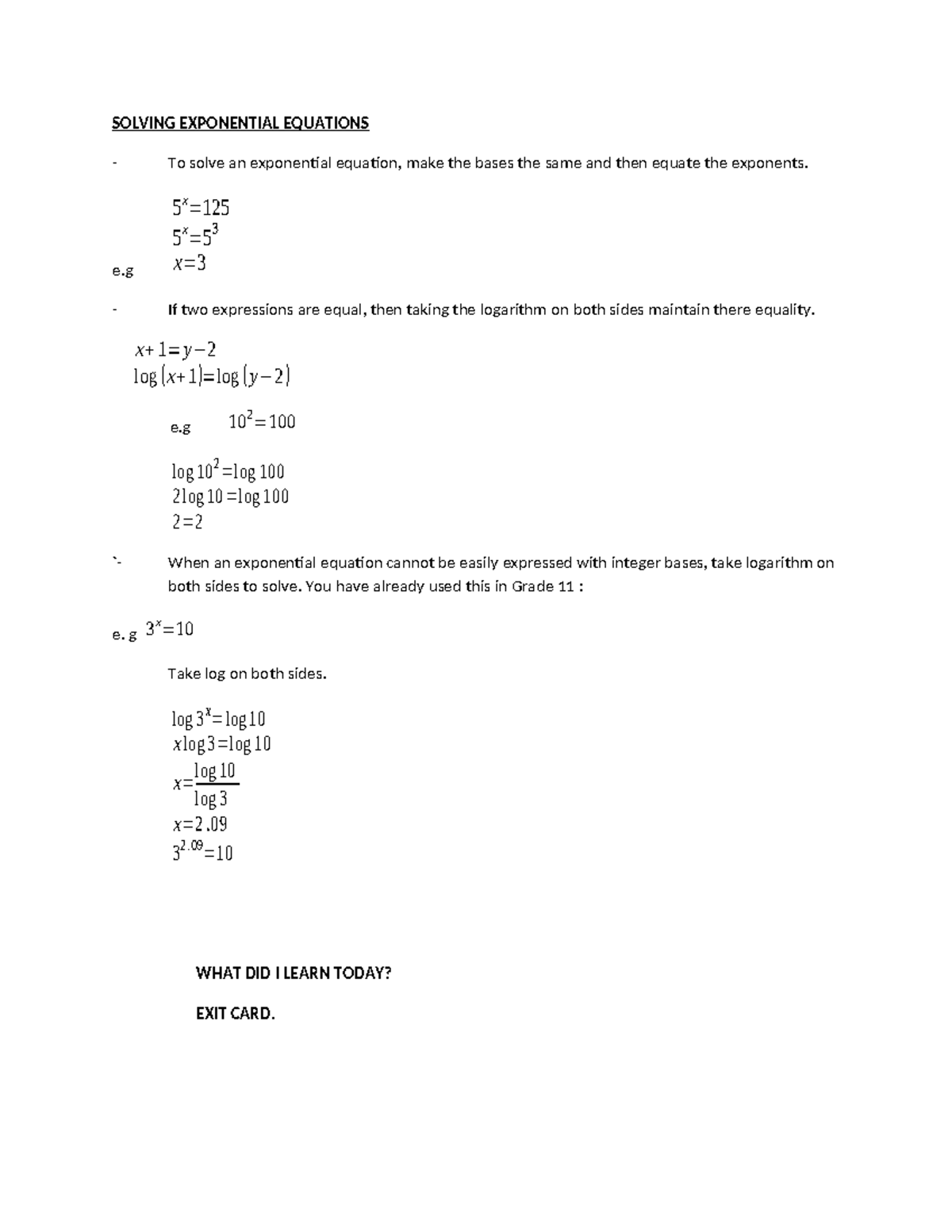 Section 8.58 - Some practice for math - SOLVING EXPONENTIAL EQUATIONS ...