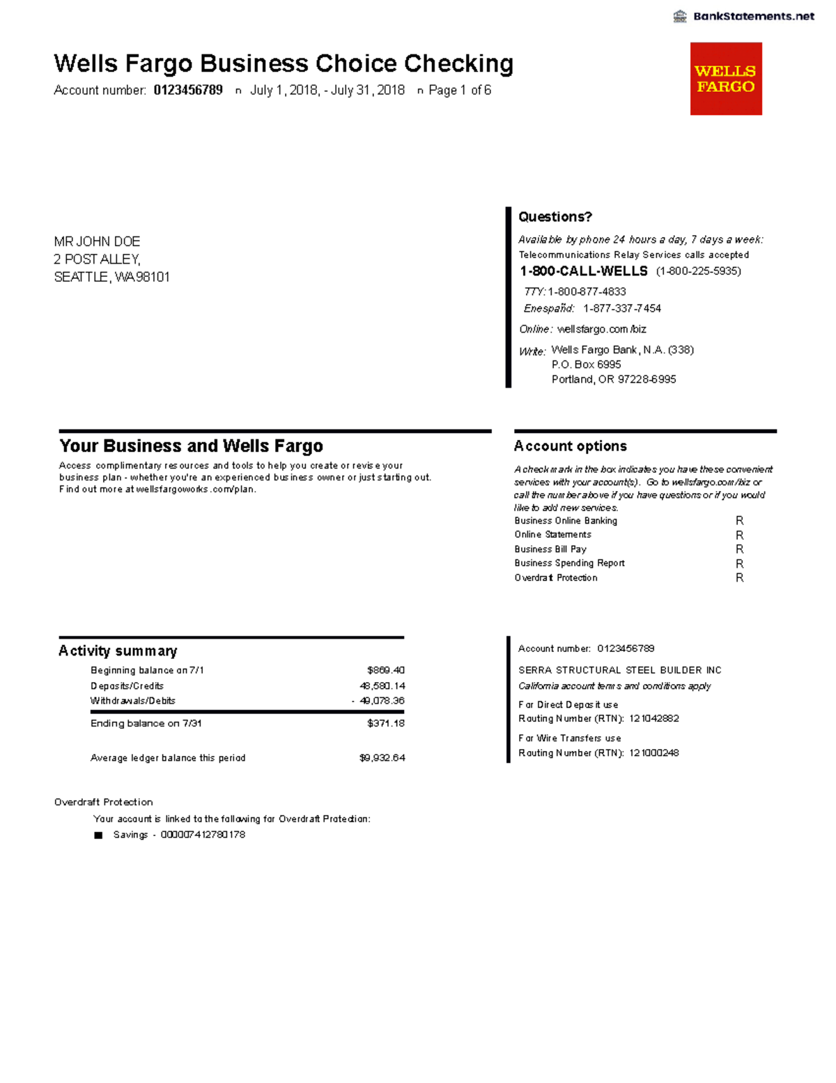 BusinessBankStatementWellsFargoBank Wells Fargo