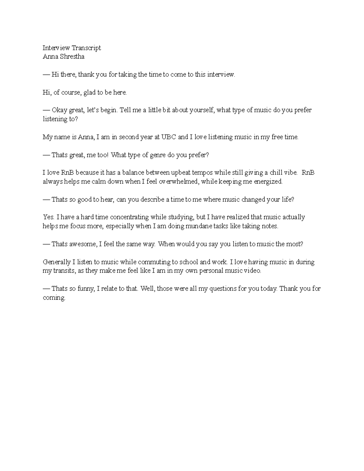 Writing Exercise - Interview Transcript - Interview Transcript Anna ...