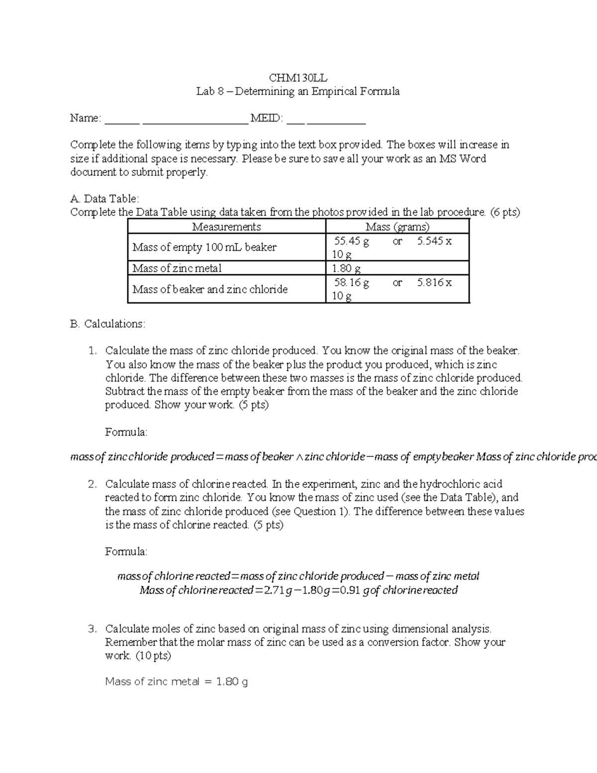 Lab 8 CHM130LL Coursehero - CHM130LL Lab 8 – Determining an Empirical ...