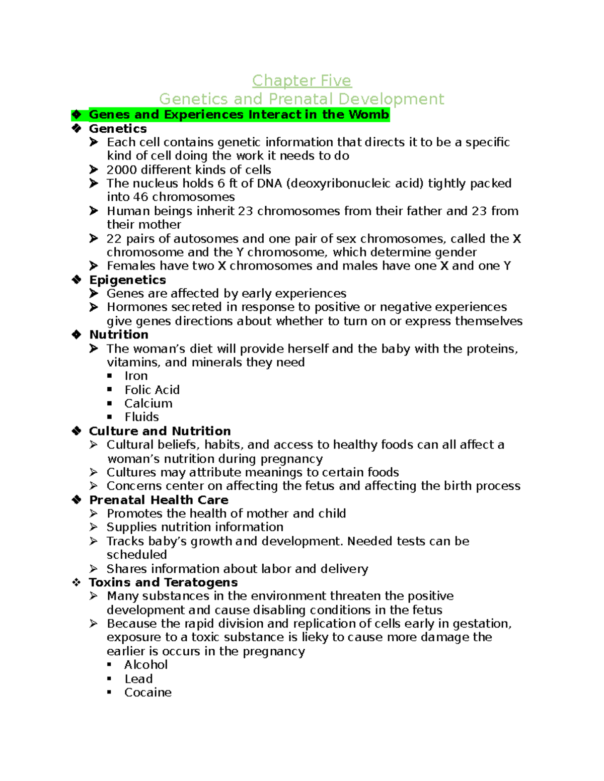 Chapter Five - Lecture notes 5 - Chapter Five Genetics and Prenatal ...