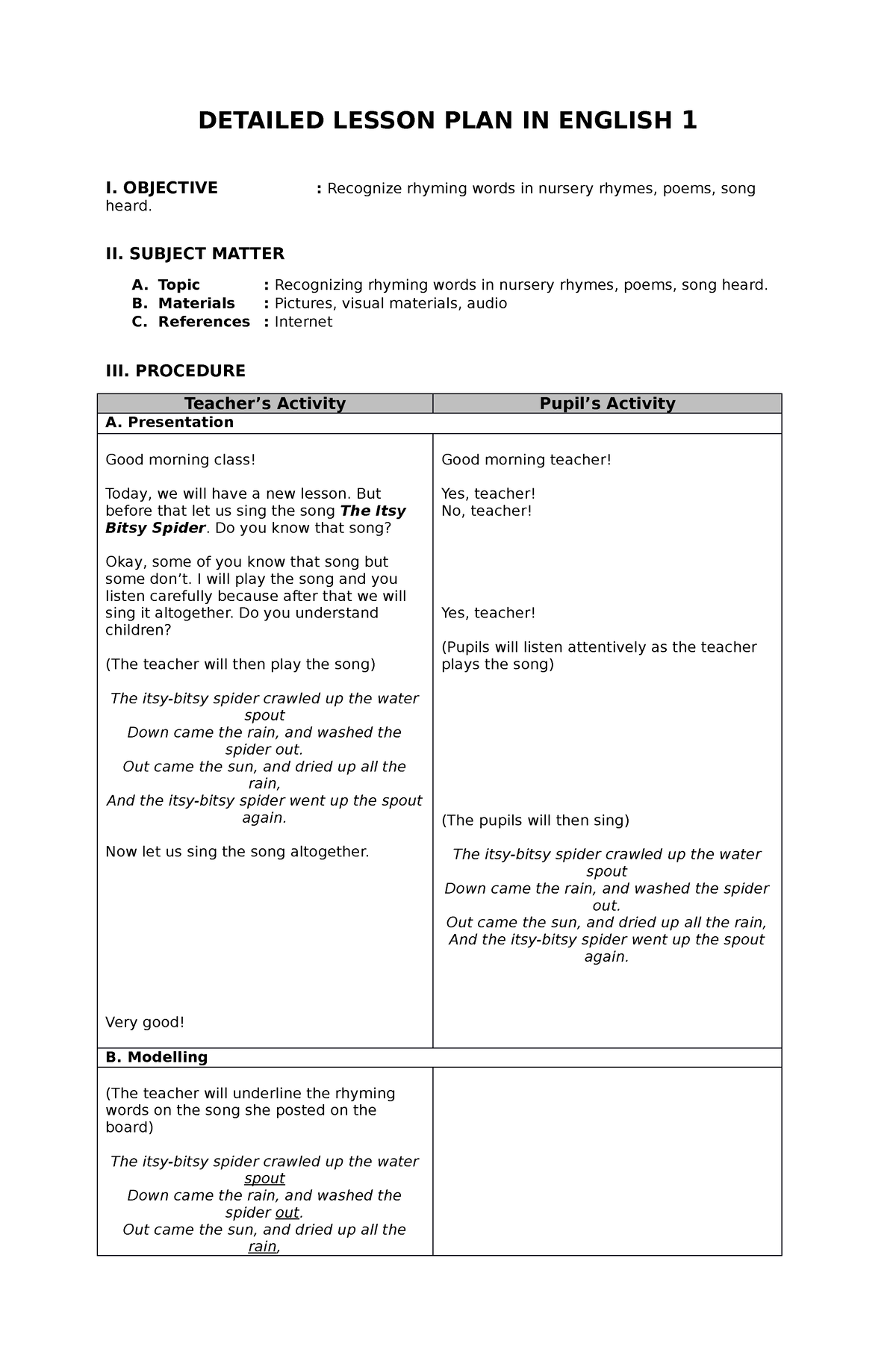 Detailed Lesson Plan DETAILED LESSON PLAN IN ENGLISH 1 I OBJECTIVE Recognize Rhyming Words