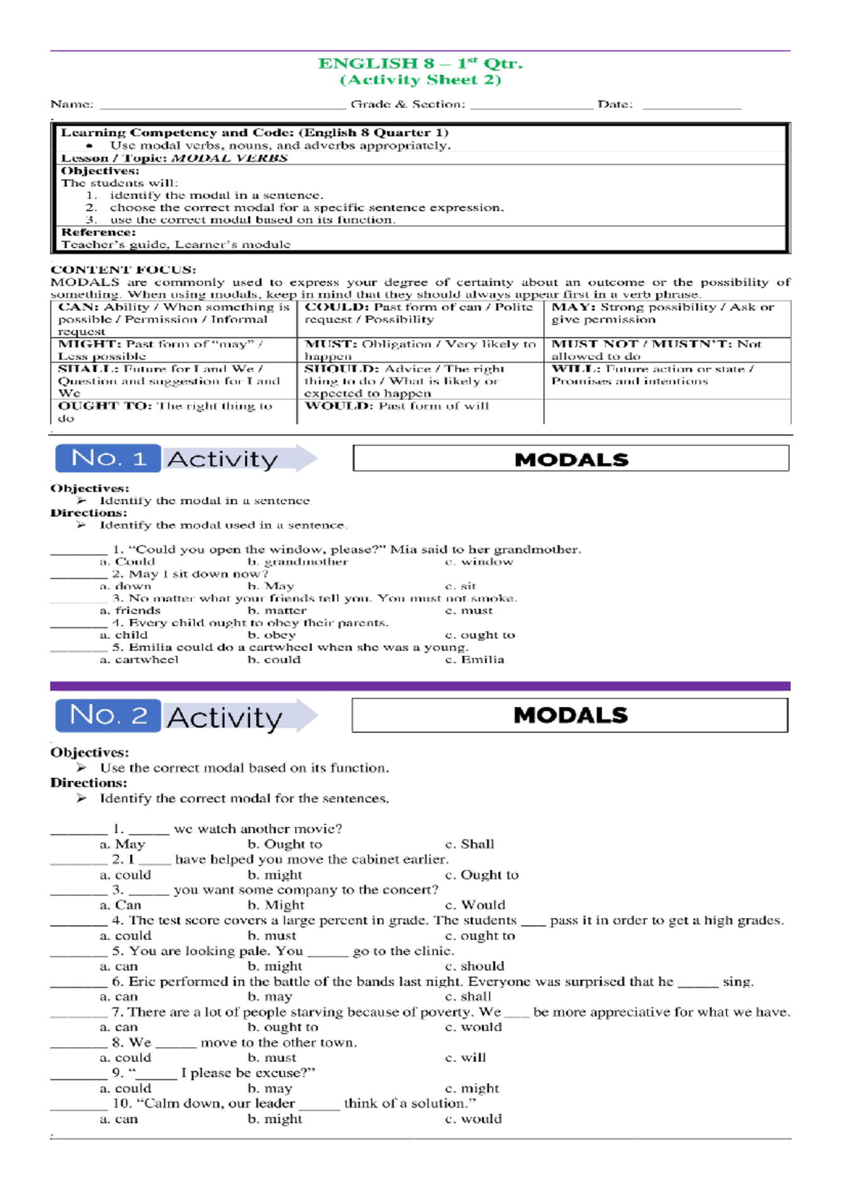 Activity 2 (Modals) - Education - Studocu