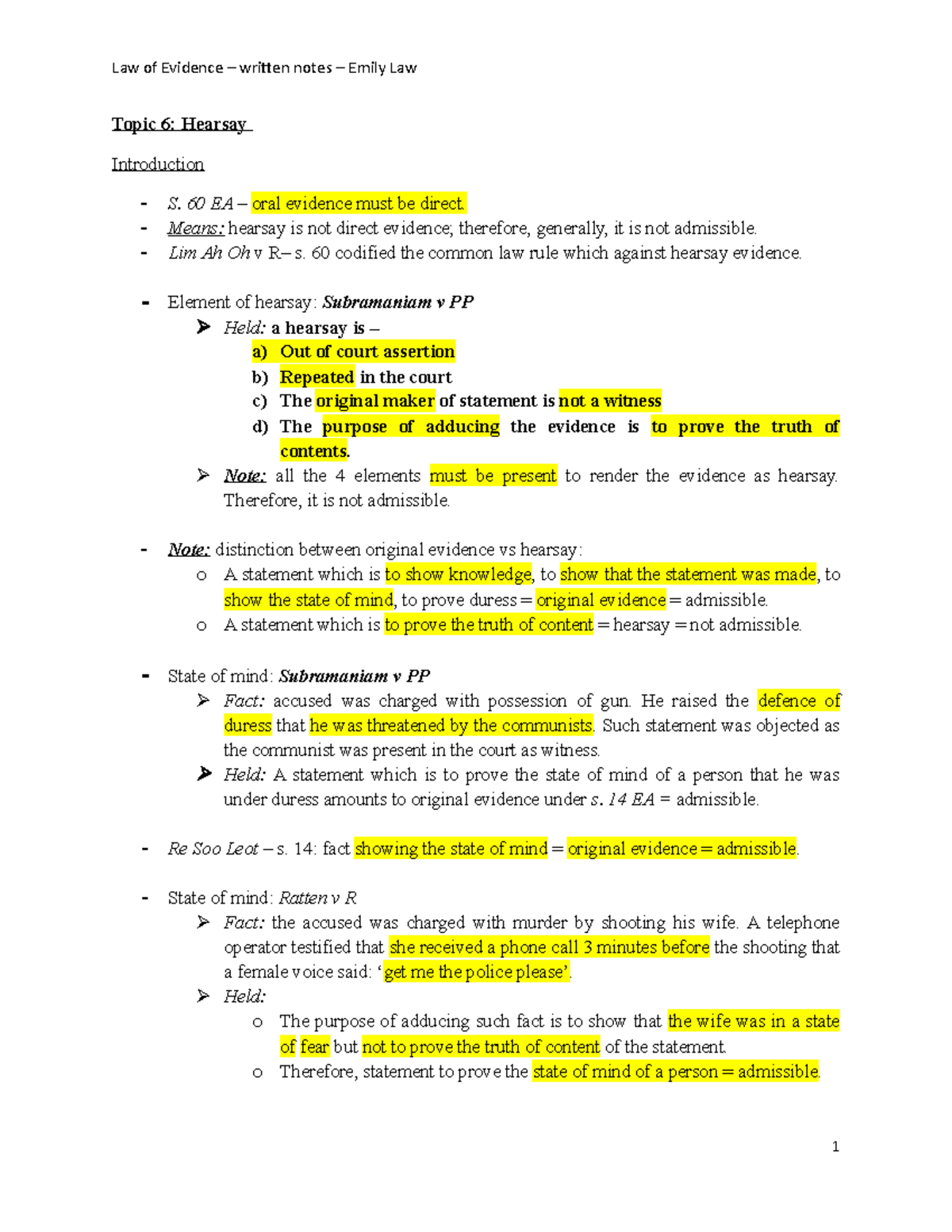 Chapter 5 Hearsay Evidence - Topic 6: Hearsay Introduction S. 60 EA ...