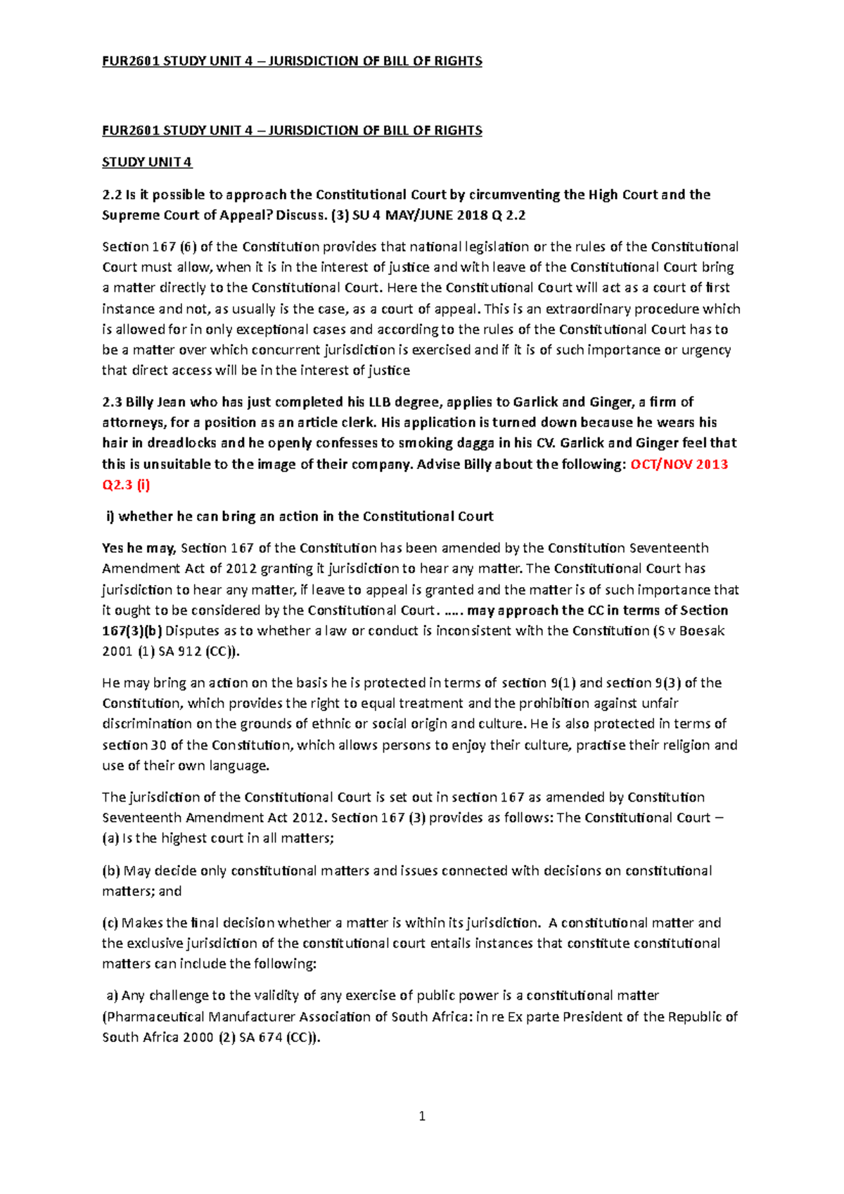 Study UNIT 4 - Jurisdiction OF BILL OF Rights - FUR2601 STUDY UNIT 4 ...