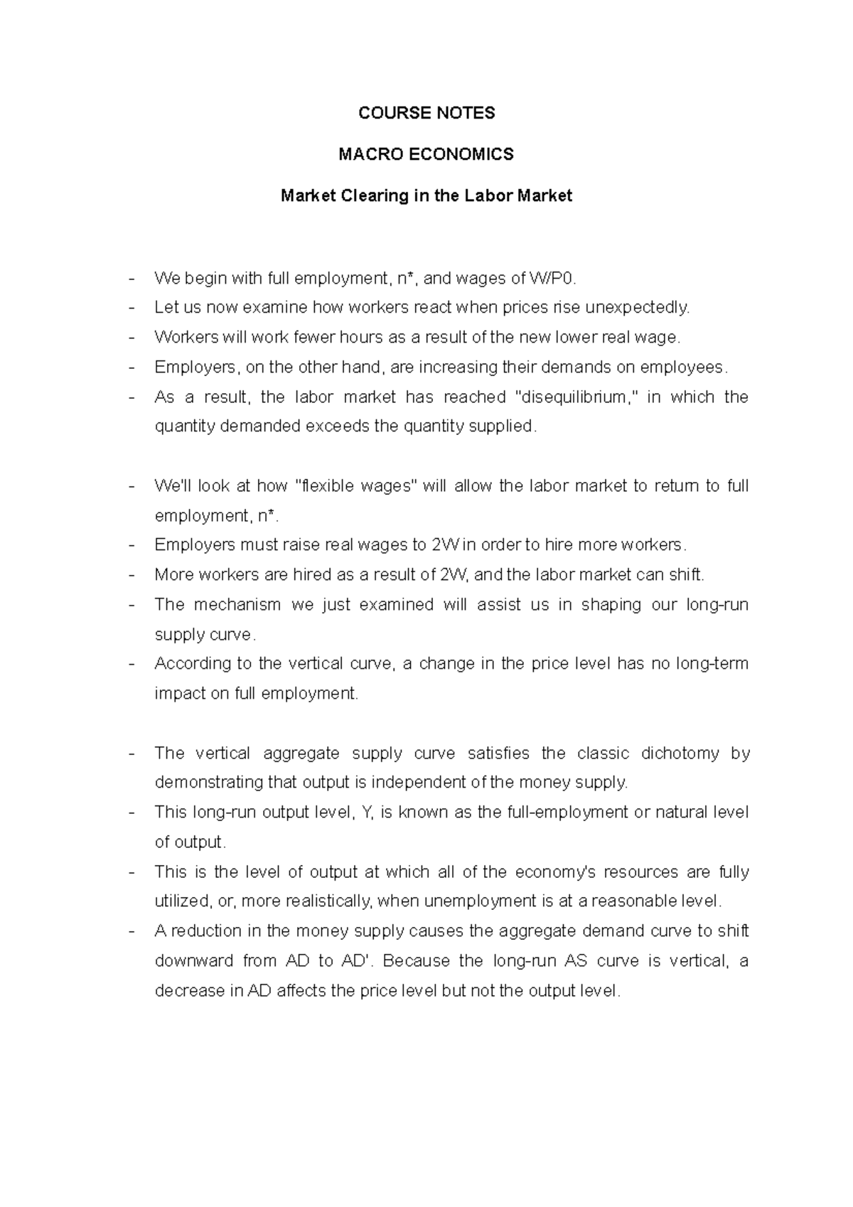 Course Notes Macroeconomics Market Clearing in the Labor Market ...