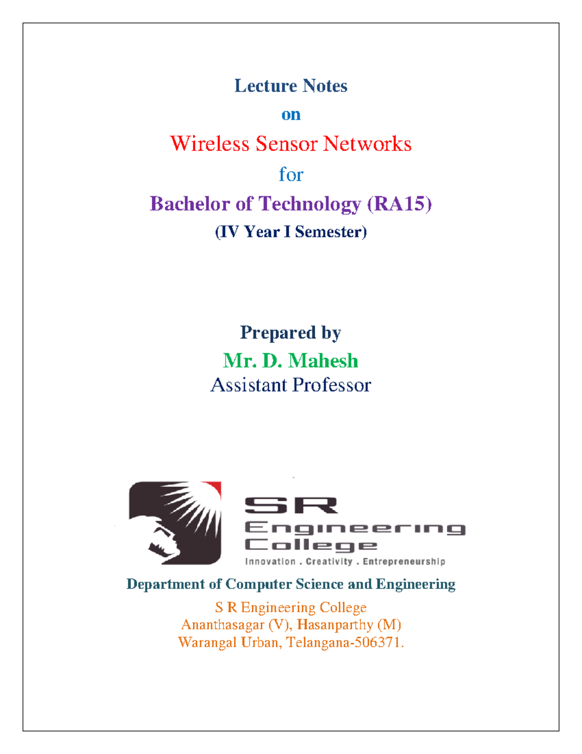 Wireless sensor networks digital lecture notes 20222023 Wirel