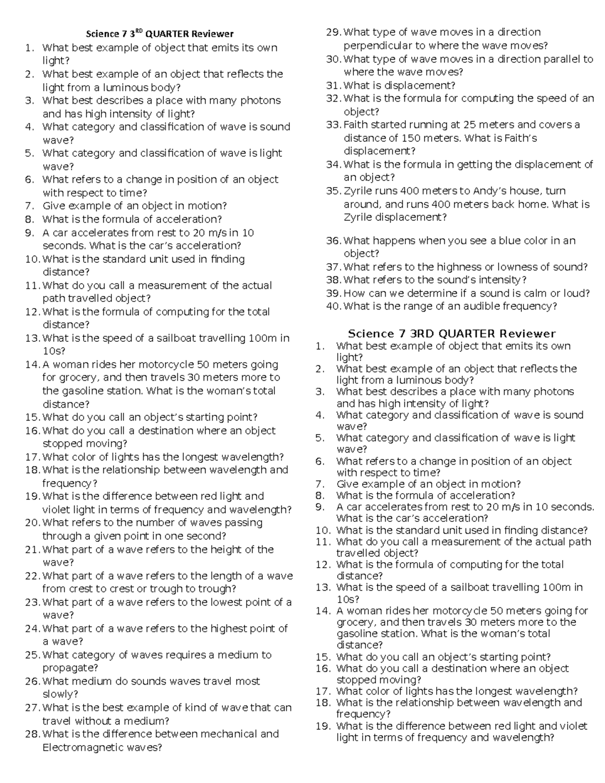 Science 7summative Test Reviewer - Science 7 3rd Quarter Reviewer What 