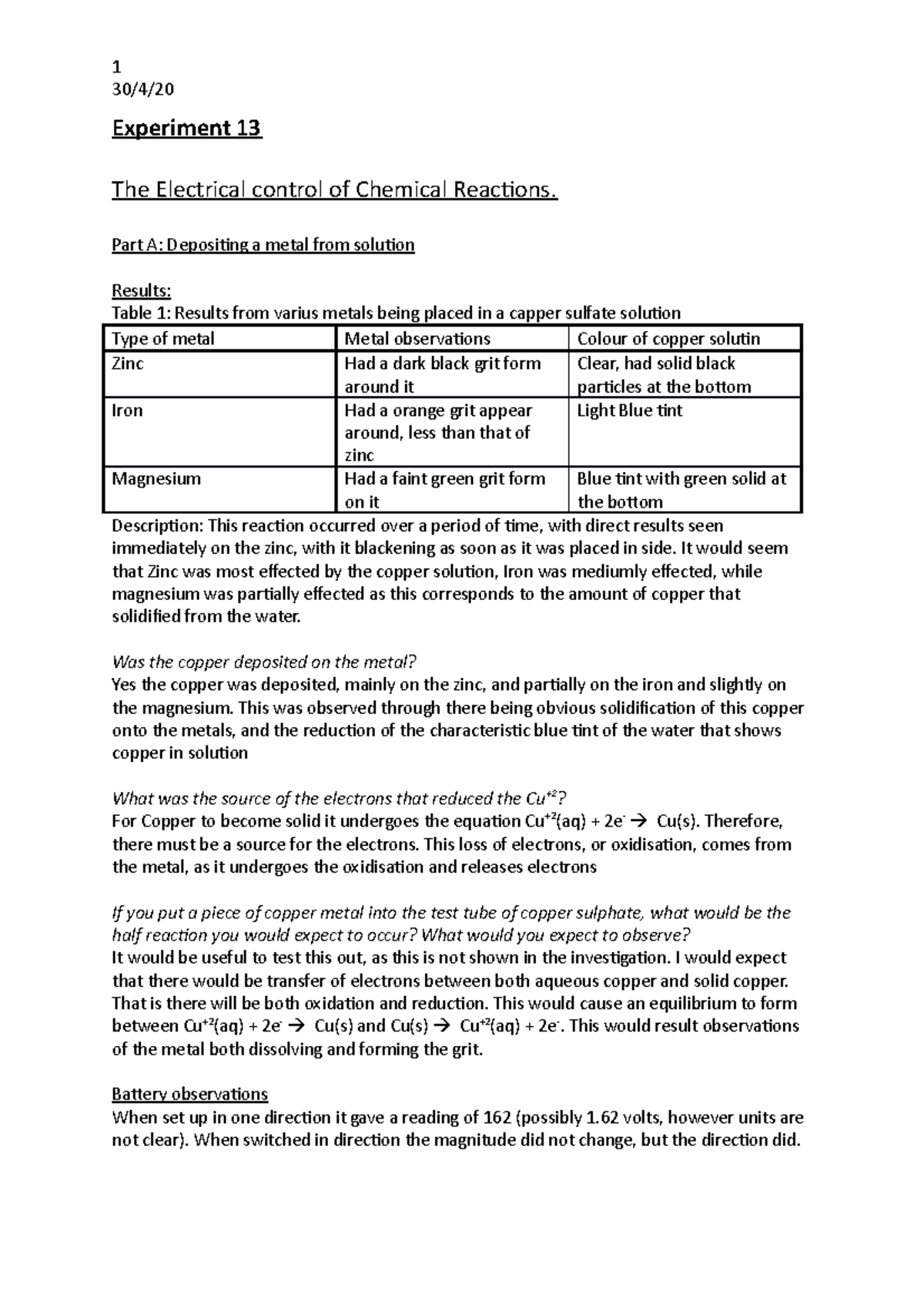 Chem E13 - Chem prac E13 notes - 30/4/ Experiment 13 The Electrical ...