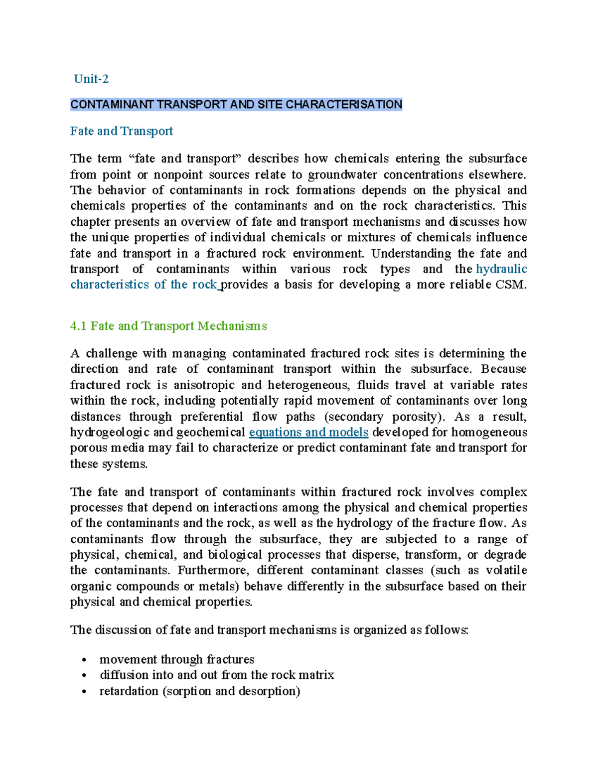 UNIT 2 GE - engineering geology notes - Unit- CONTAMINANT TRANSPORT AND ...