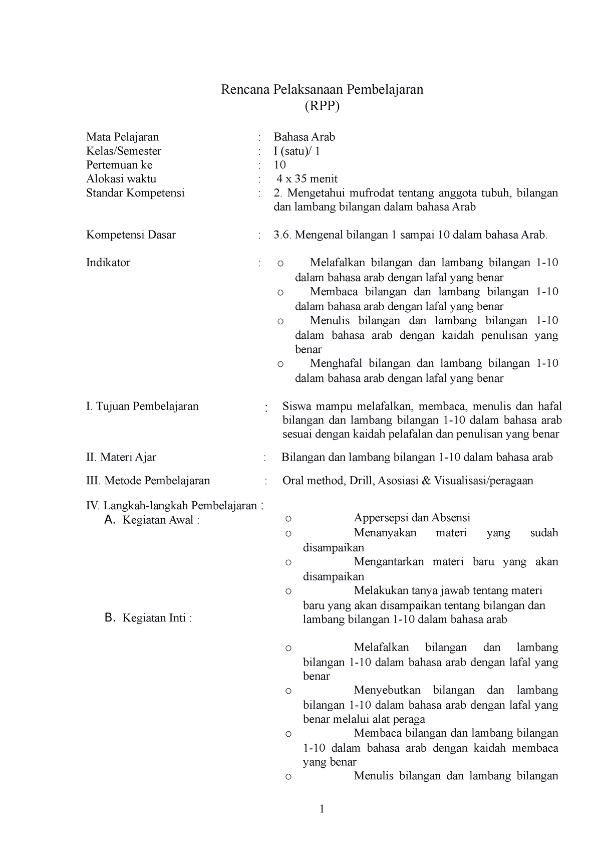 RPP B. Arab KLS 1 SMT 2 - Ingin Mendapatkan Tambahan Ilmu - Rencana ...