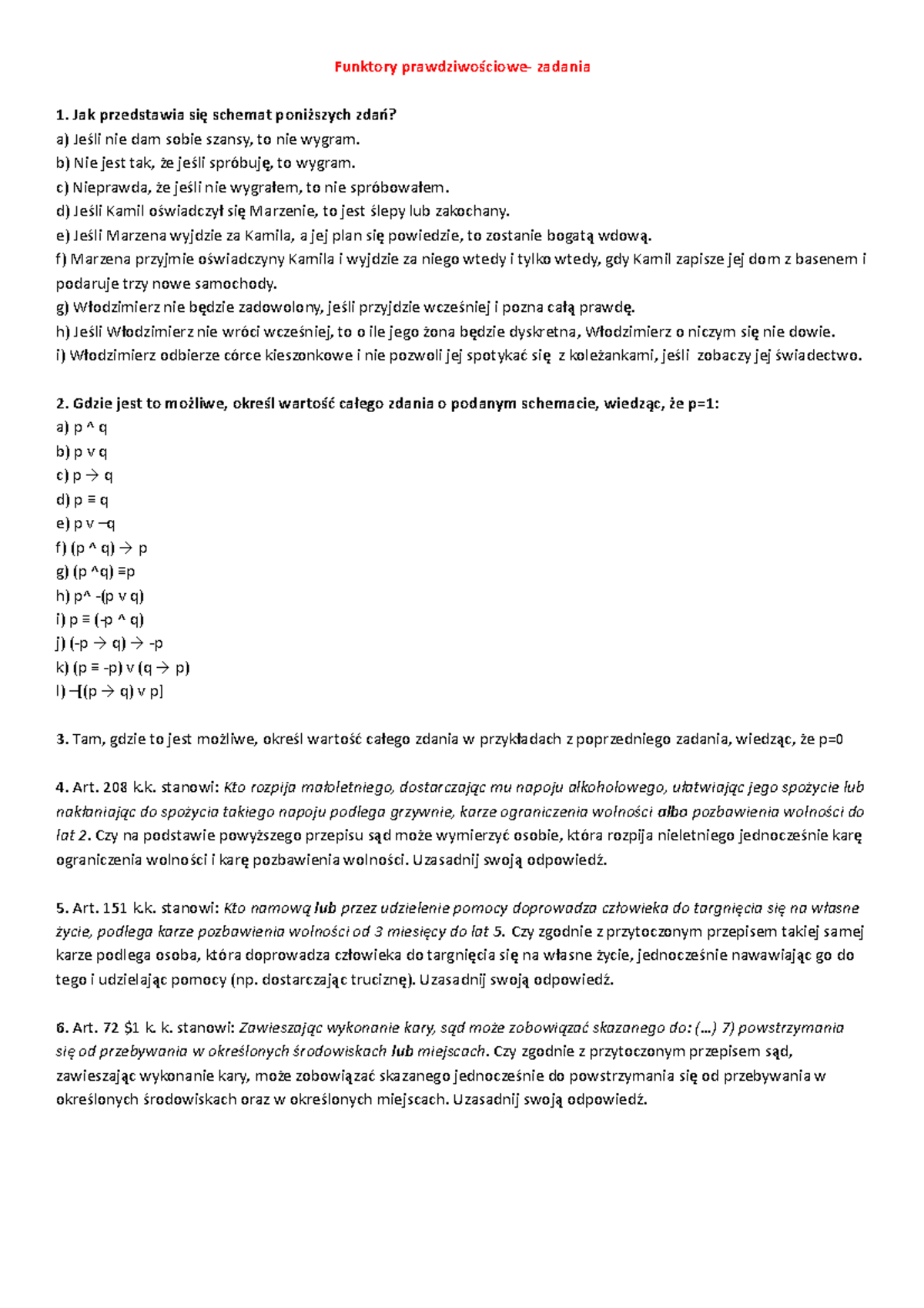 Logika Zadania- Funktory Prawdziwościowe - Funktory Prawdziwościowe ...