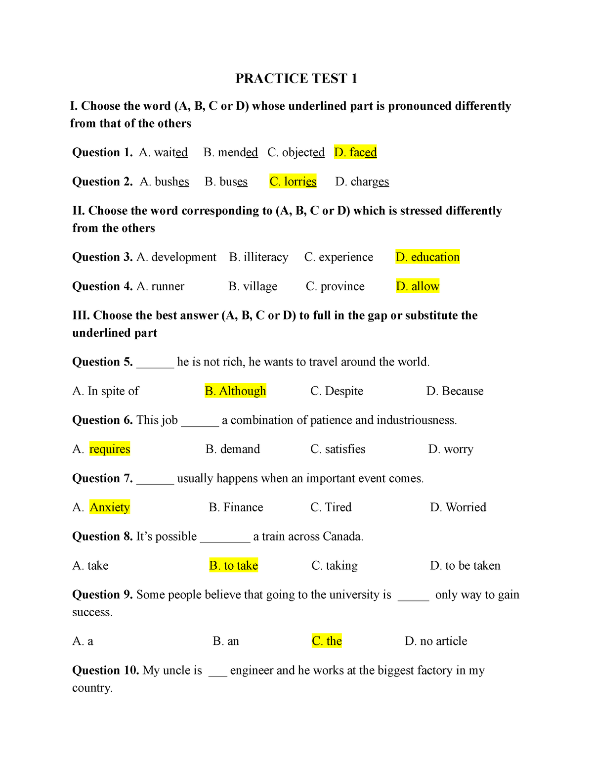 Practice TEST 1 KEY - Cnhjsbvfn - PRACTICE TEST 1 I. Choose The Word (A ...