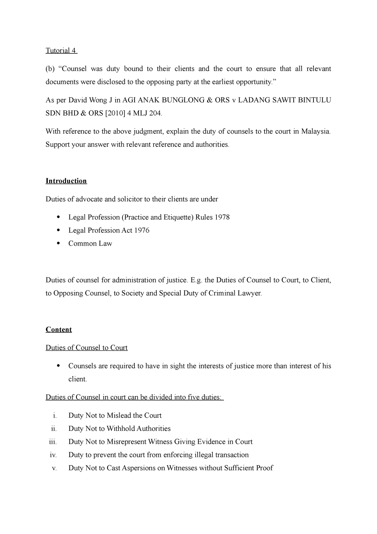 PP Tutorial 4 Ques B - Tutorial 4 (b) “Counsel Was Duty Bound To Their ...