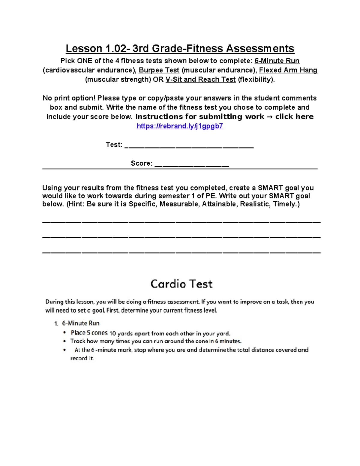 1.02 assessment Lesson 1 3rd GradeFitness Assessments Pick ONE of