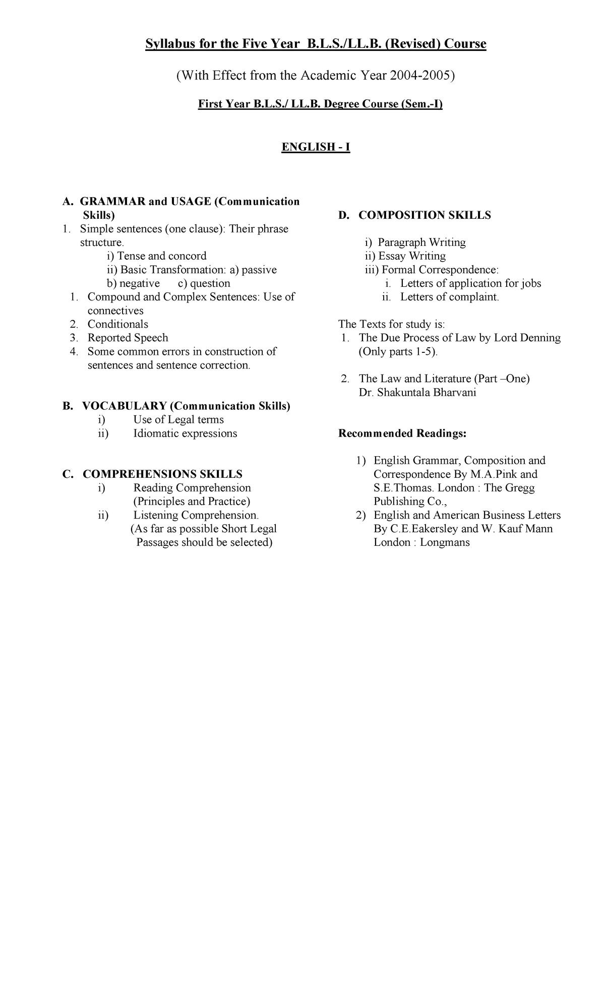 5 Years Syllabus BLS Llb - Syllabus For The Five Year B.L.S./LL ...