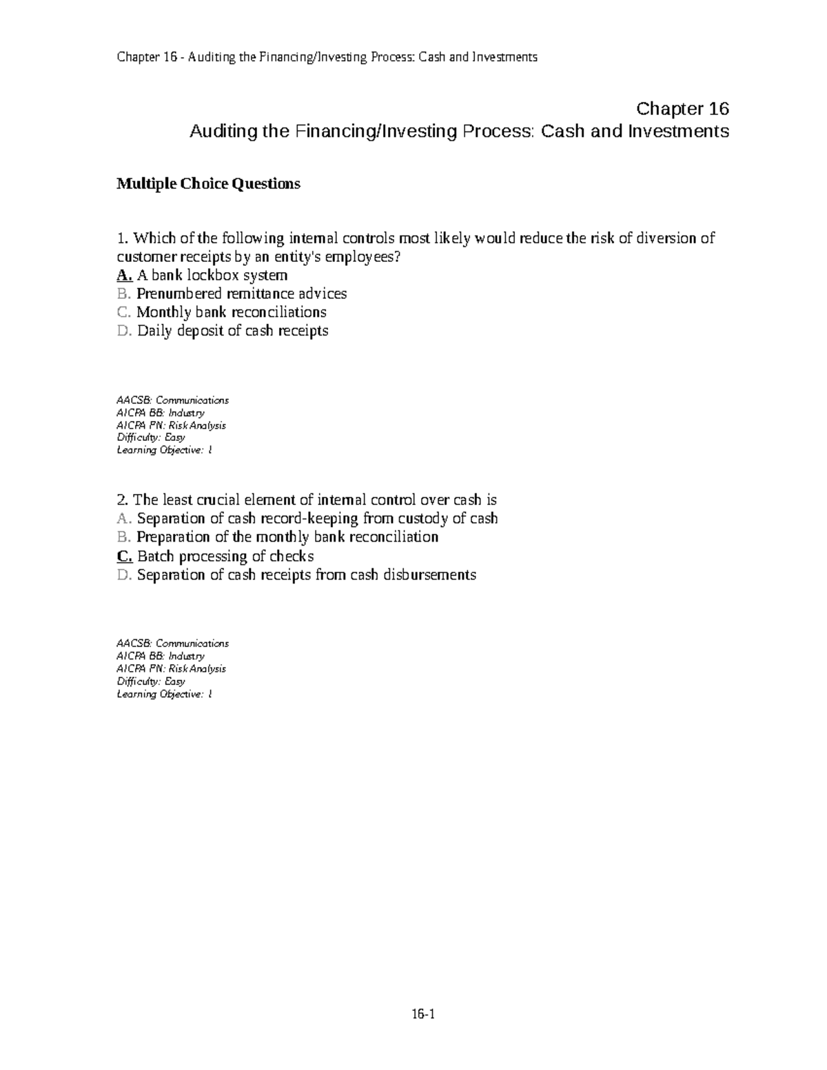 TB cash & investment Chapter 16 Auditing the Financing/Investing