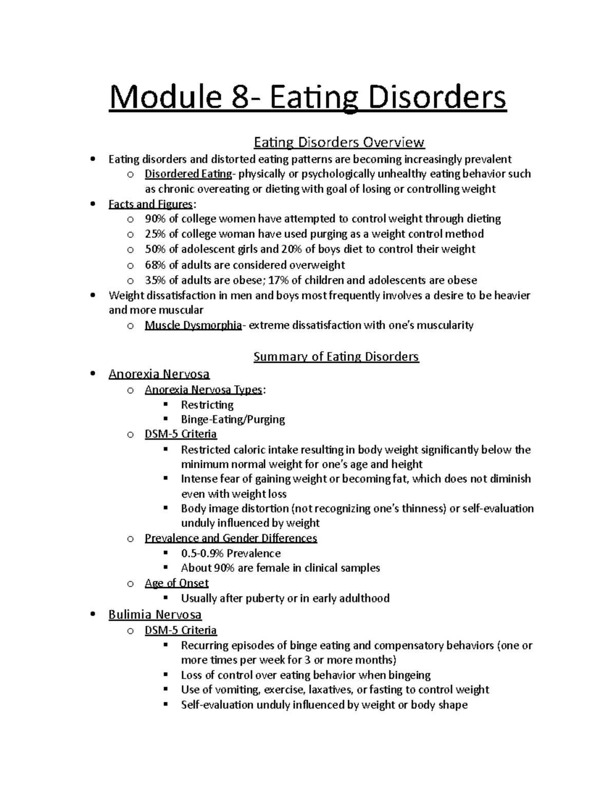 Module 8 Abnormal Psychology - Module 8- Eating Disorders Eating ...