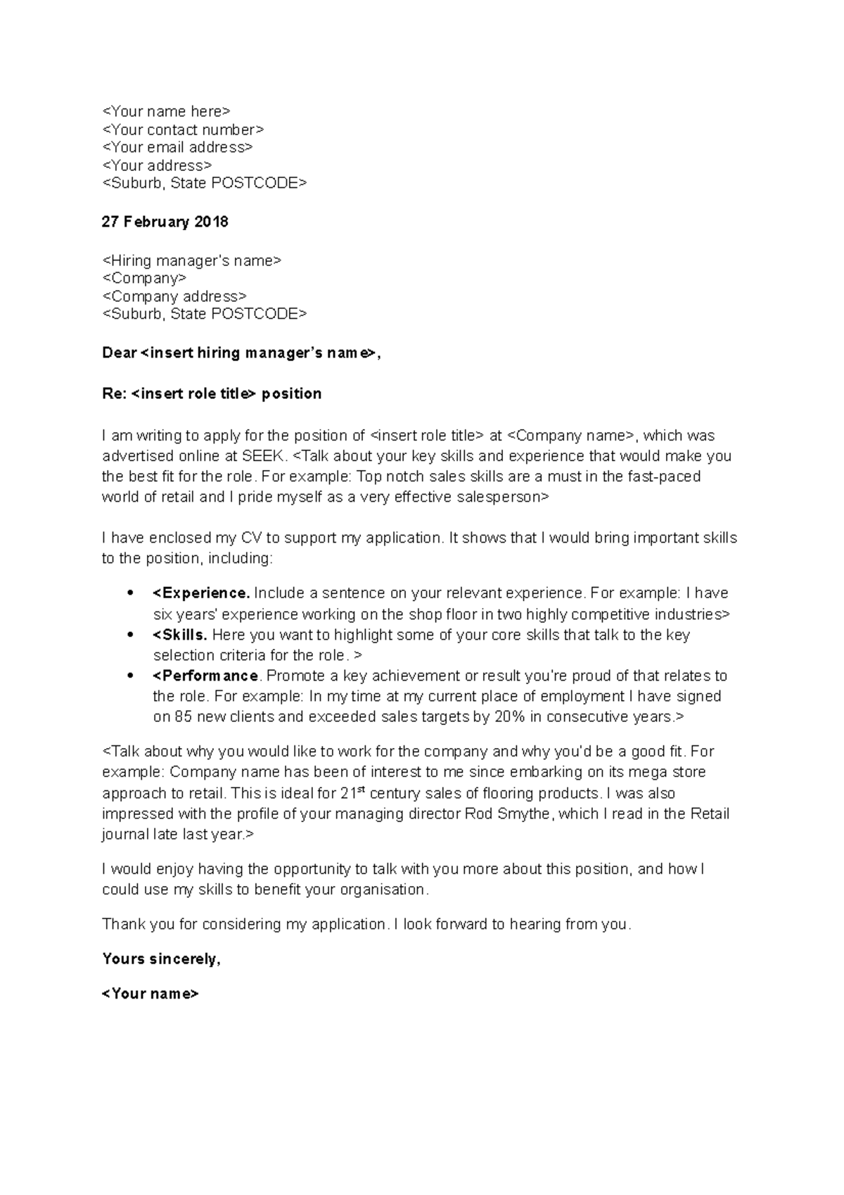 SEEK free cover letter template