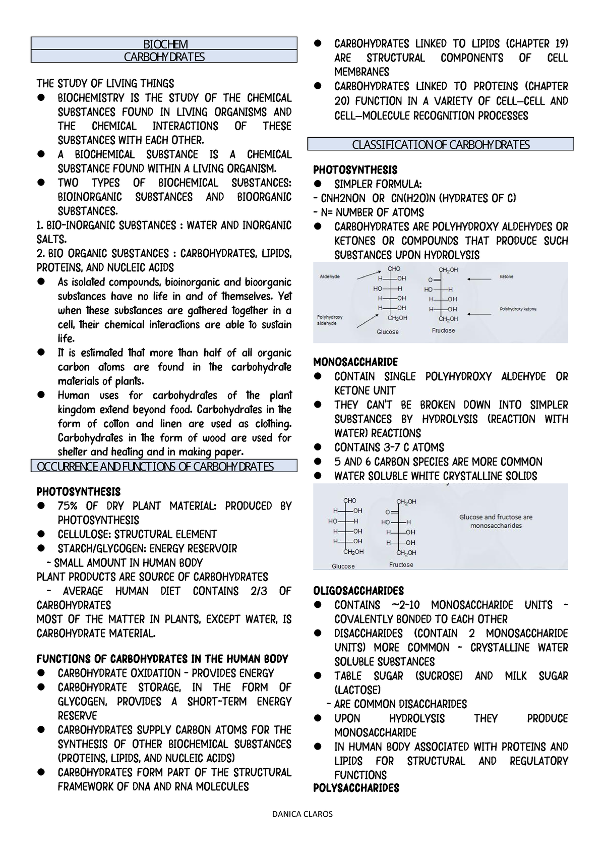 Biochem- Notes - LECTURE - BIOCHEM CARBOHYDRATES THE STUDY OF LIVING ...