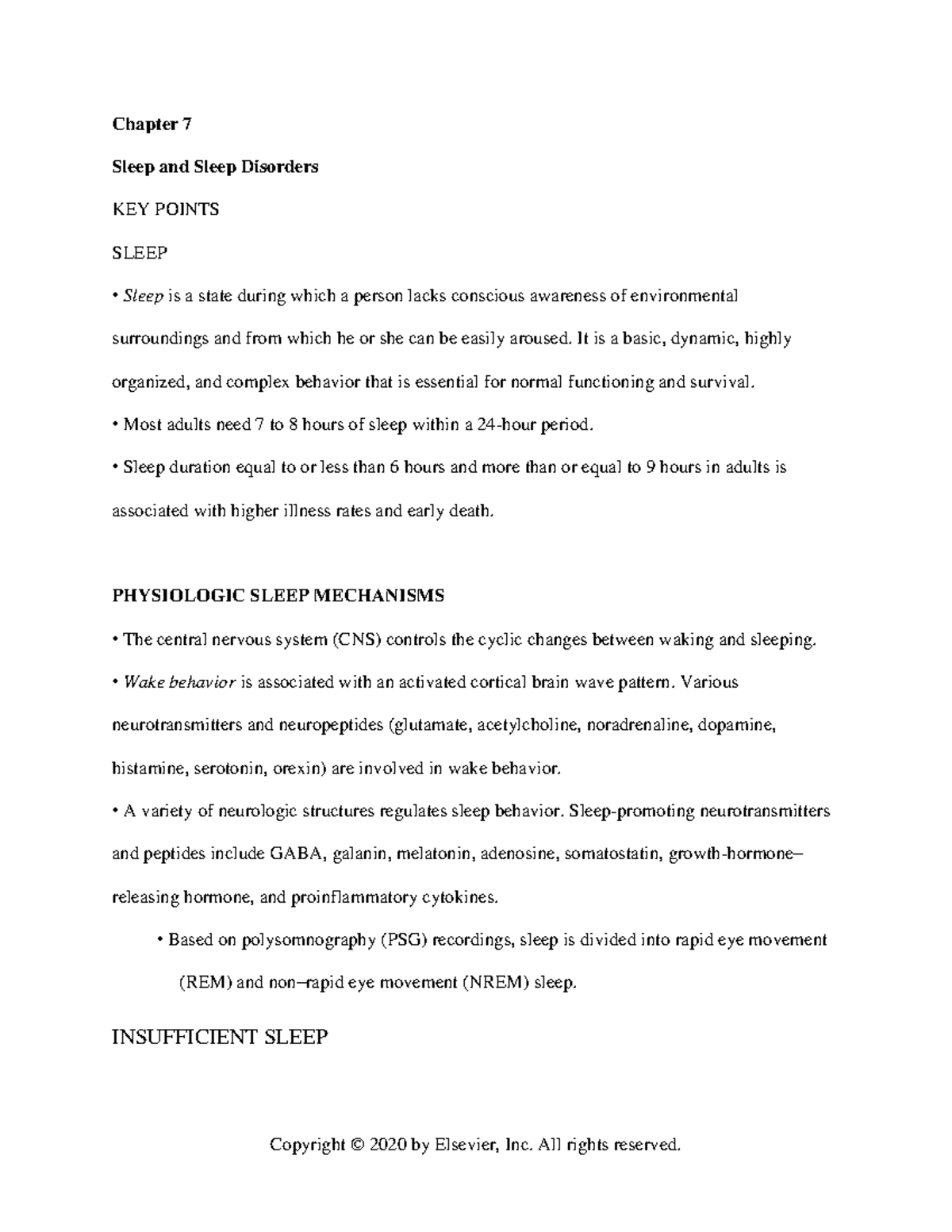 Week 1 Ch 7 Sleep Disorders Chapter 7 Sleep and Sleep Disorders KEY