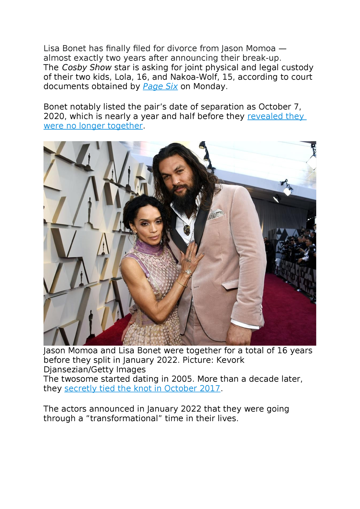 2454 - Notes - Lisa Bonet has finally filed for divorce from Jason ...