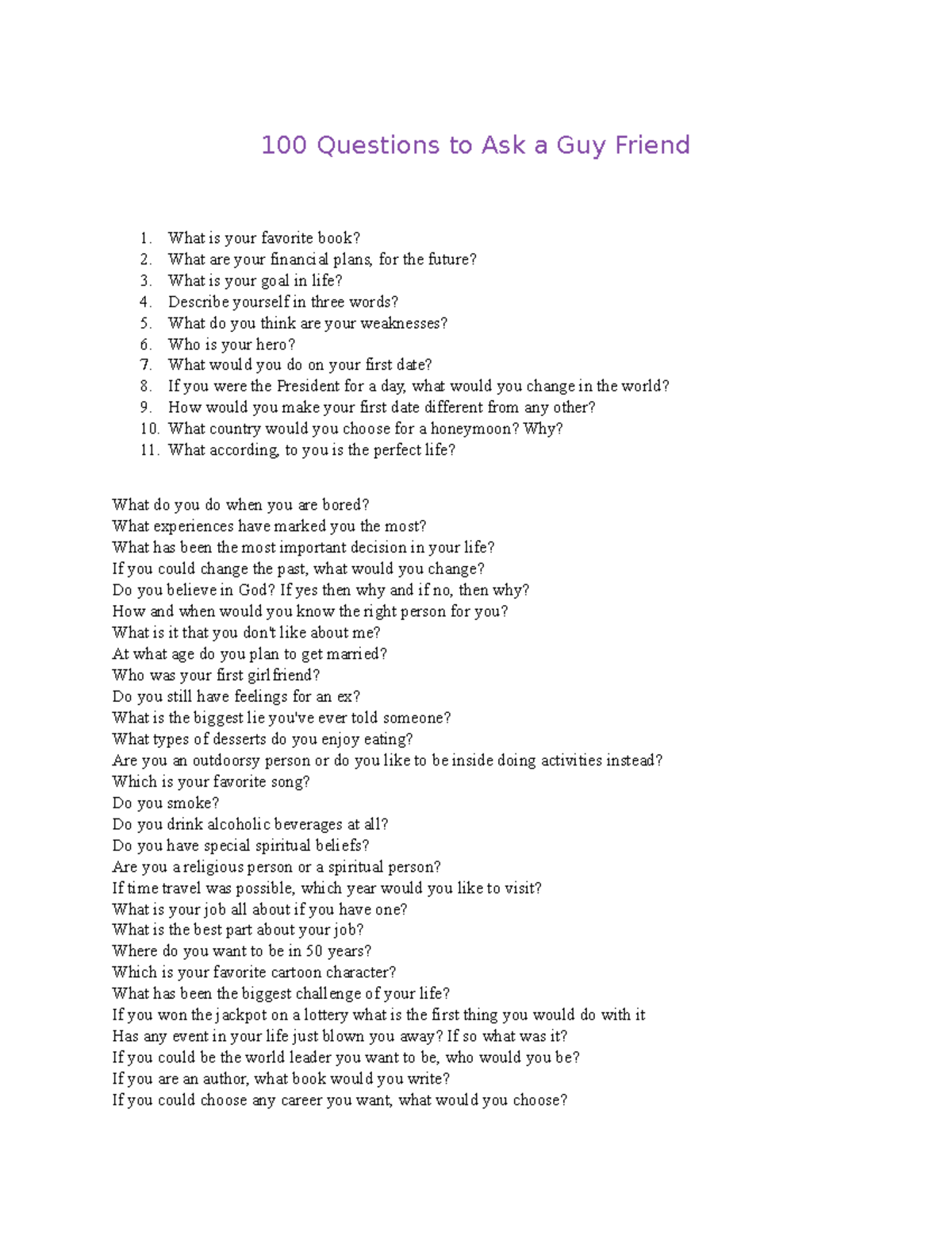 100 Questions to Ask a Guy Friend - 100 Questions to Ask a Guy Friend ...