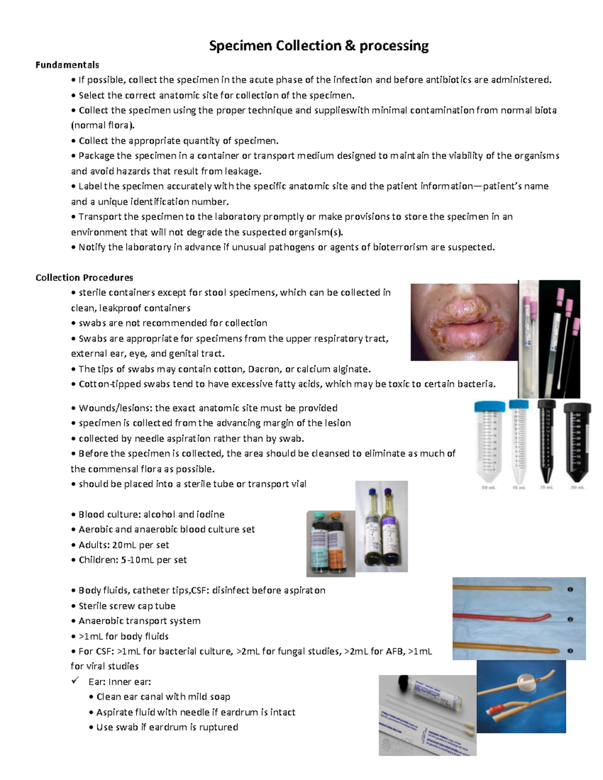 Specimen Collection Select the correct anatomic site for collection