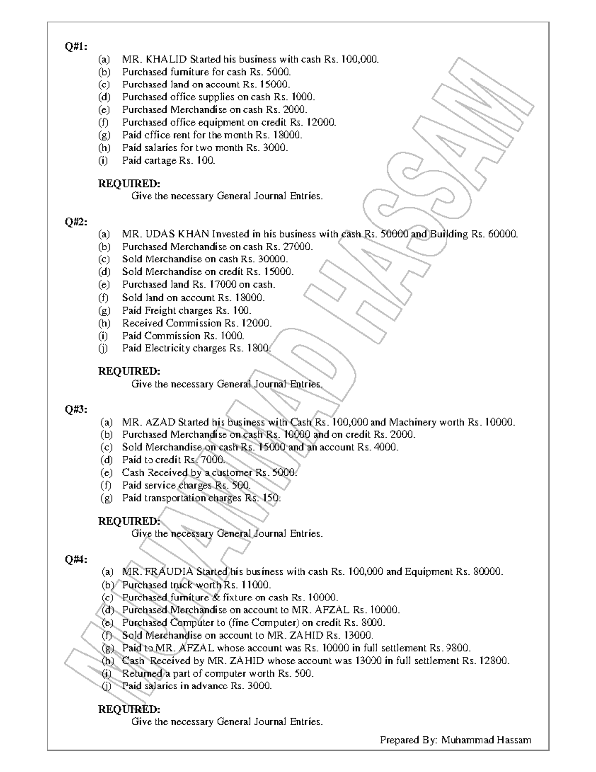 General Entries - Simple notes - Prepared By: Muhammad Hassam Q#1: (a ...