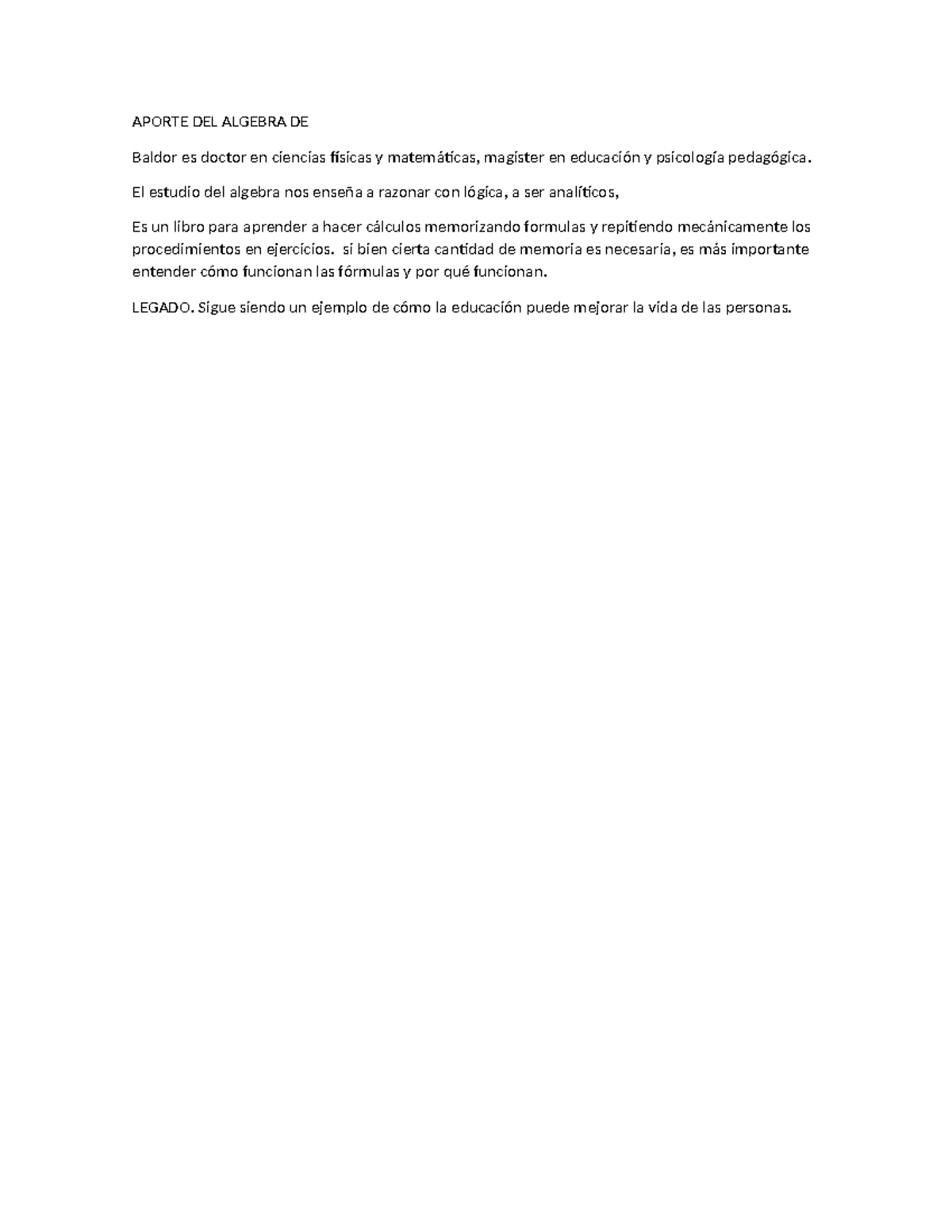 apunte sobre el enfoque de baldo - APORTE DEL ALGEBRA DE Baldor es ...