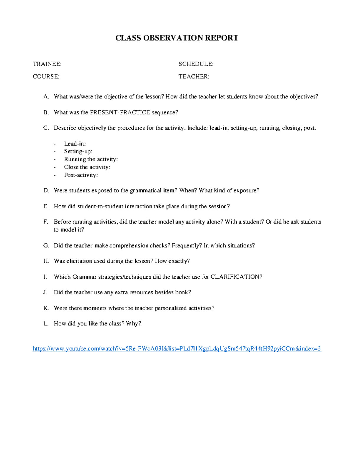 Class Observation Report - CLASS OBSERVATION REPORT TRAINEE: SCHEDULE ...