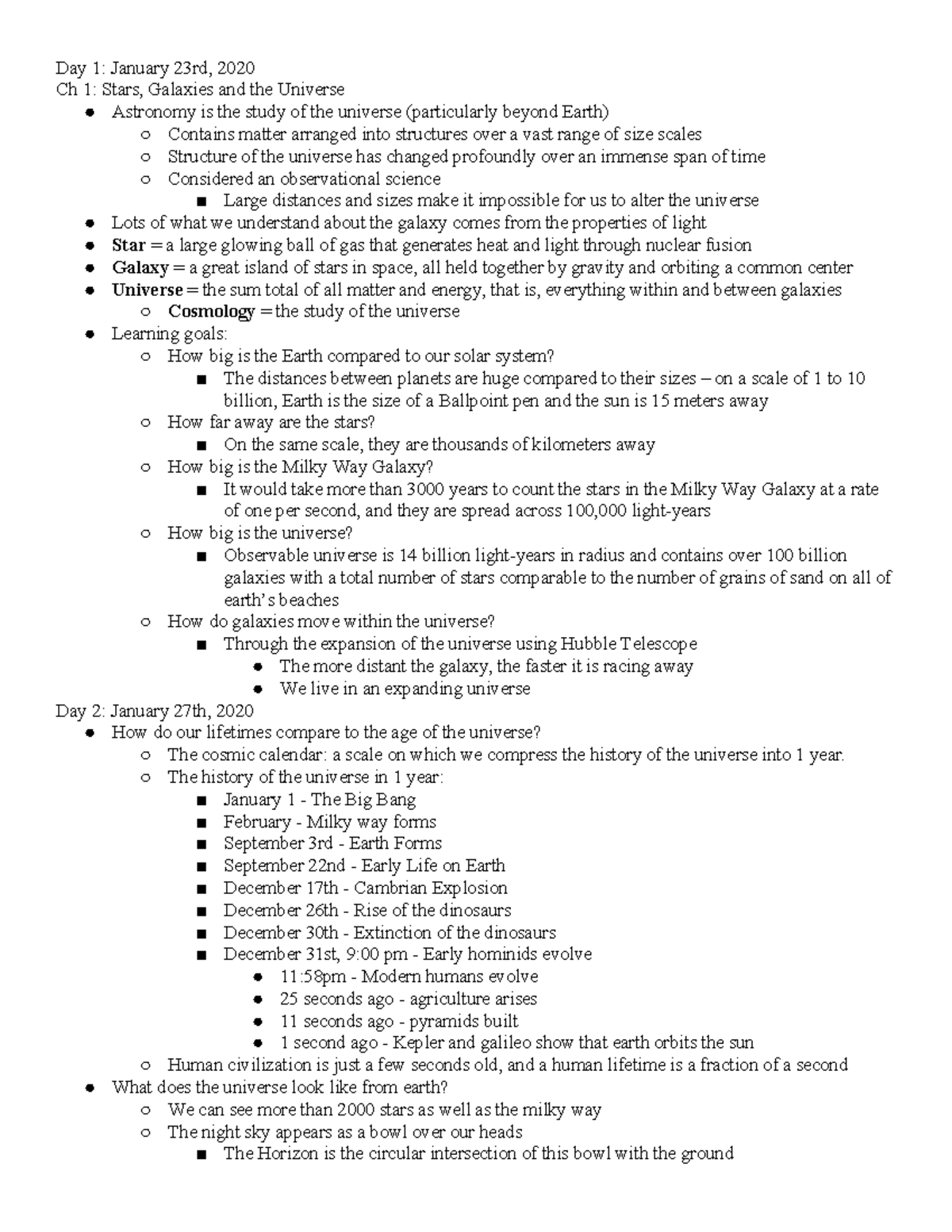 Astronomy Exam 1 Notes - Day 1: January 23rd, 2020 Ch 1: Stars ...