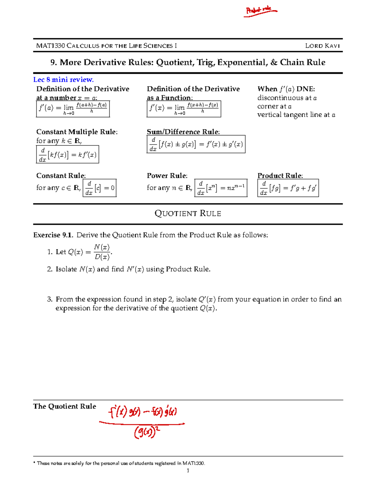 Lecture 9 - MAT1330 CALCULUS FOR THE LIFE SCIENCES I LORD KAVI 9. More ...