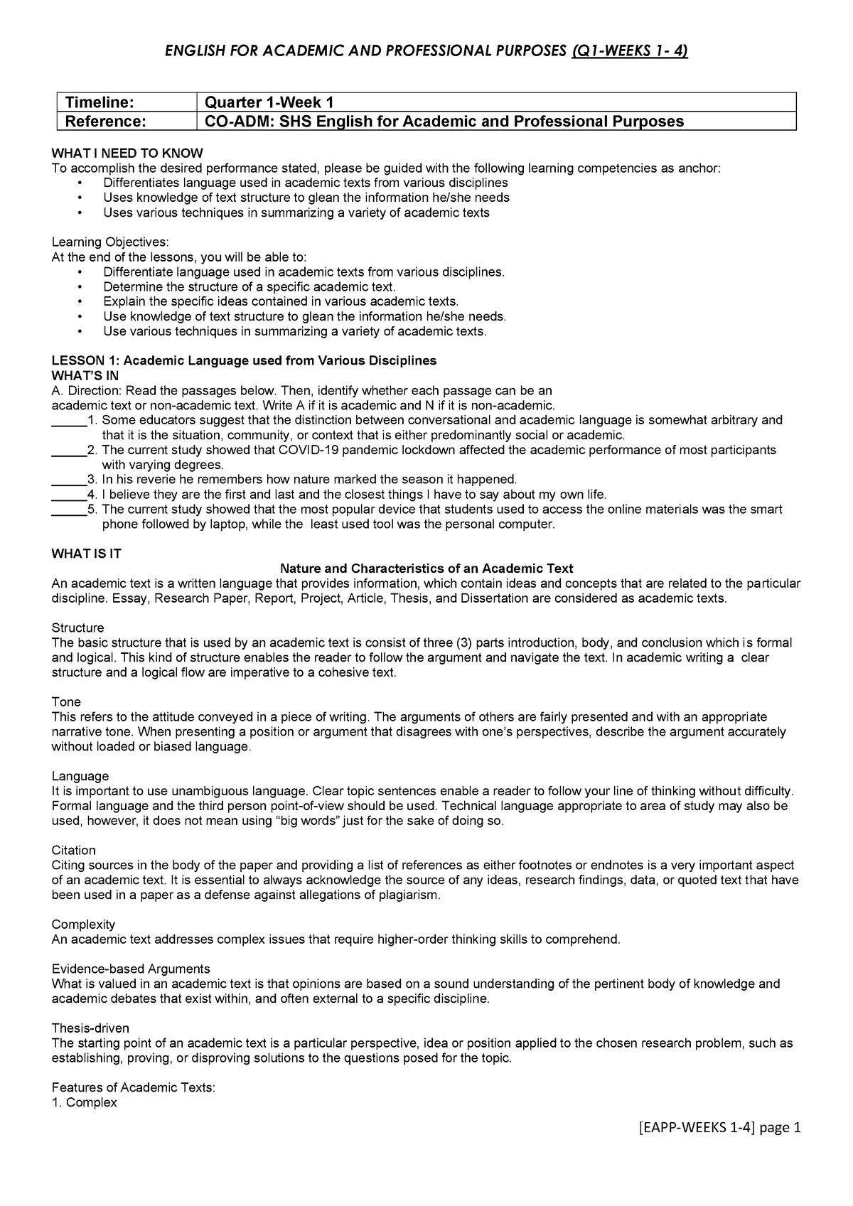 EAPP Quarter Weeks One Module Four For EAPP - Timeline: Quarter 1-Week ...